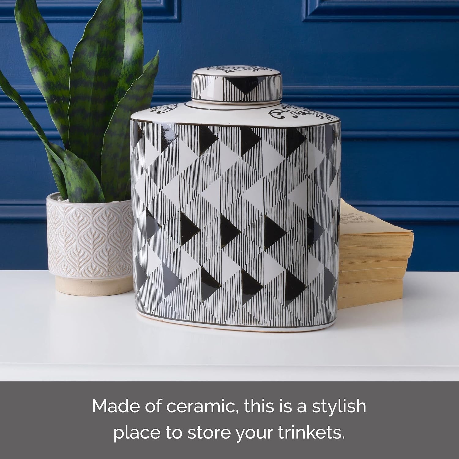 Mikasa Black and White Diamond Oval Ceramic Canister, Store Small Household Items or Display Faux Florals, 9x5x10.5 Inch - view 2