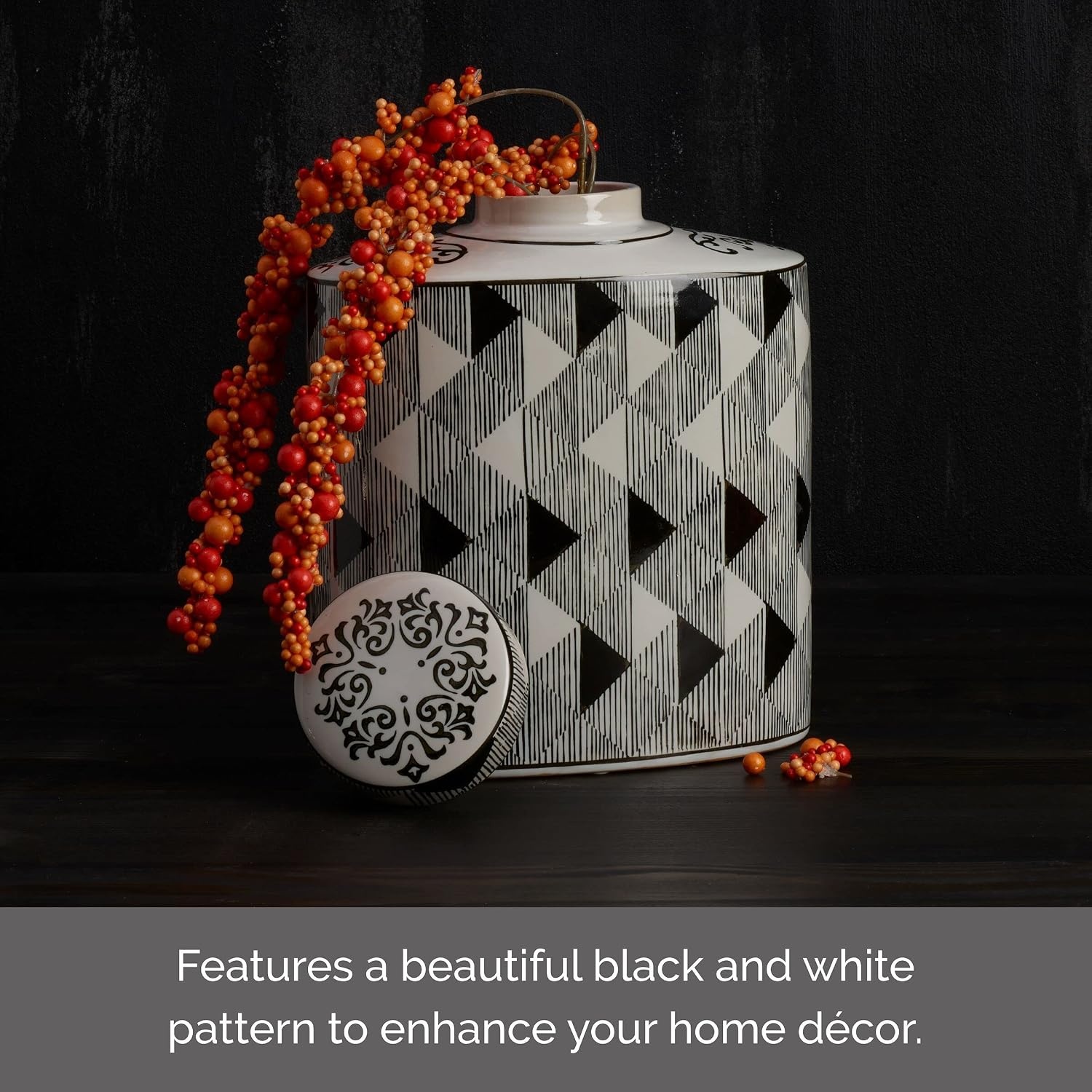Mikasa Black and White Diamond Oval Ceramic Canister, Store Small Household Items or Display Faux Florals, 9x5x10.5 Inch - view 3