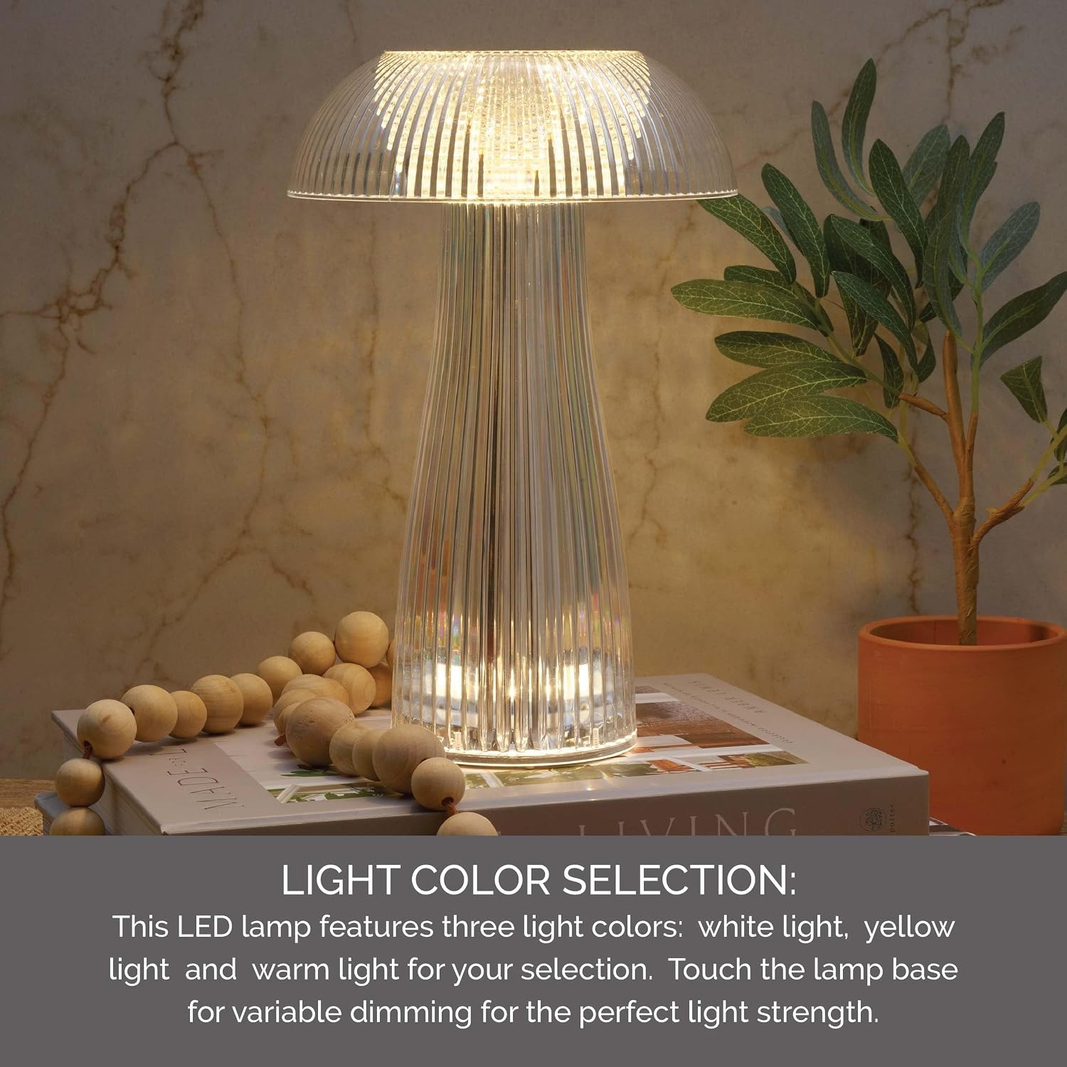 Mikasa Elements 8 Inch Mushroom Acrylic LED Rechargeable Table Lamp – Cordless Touch Dimmer, 3 Color Modes, USB-C Charging, Portable Desk Lamp for Living Room, Bedroom, Dining Area(10 Inch) - view 2