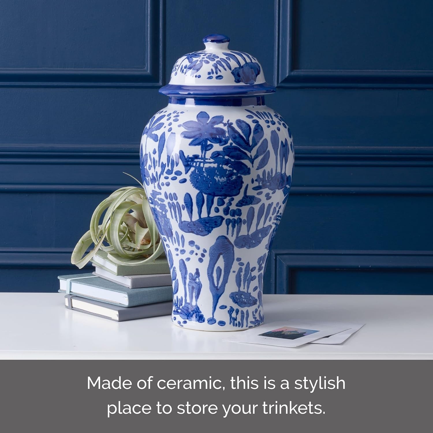 Mikasa Blue and White Landscape Round Ceramic Ginger Jar, Store Small Household Items or Display Faux Florals(15 INCH) - view 2