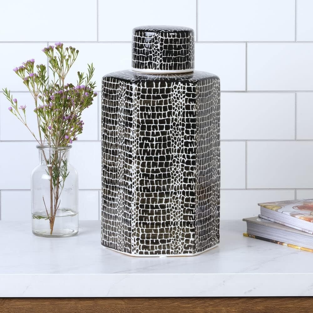Mikasa Blue Crackle Ceramic Canister, Store Small Household Items or Display Faux Florals, Black and White - view 4