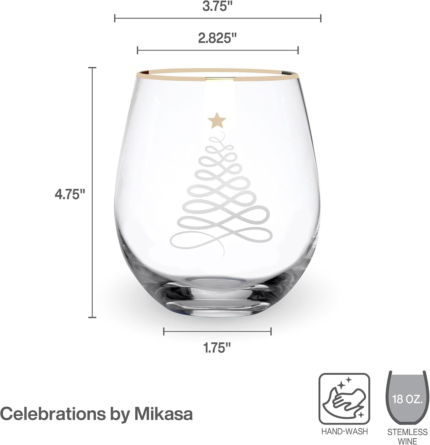 Celebrations by Mikasa Holiday Christmas Trees Stemless Wine, Set of 4, 18 Ounce