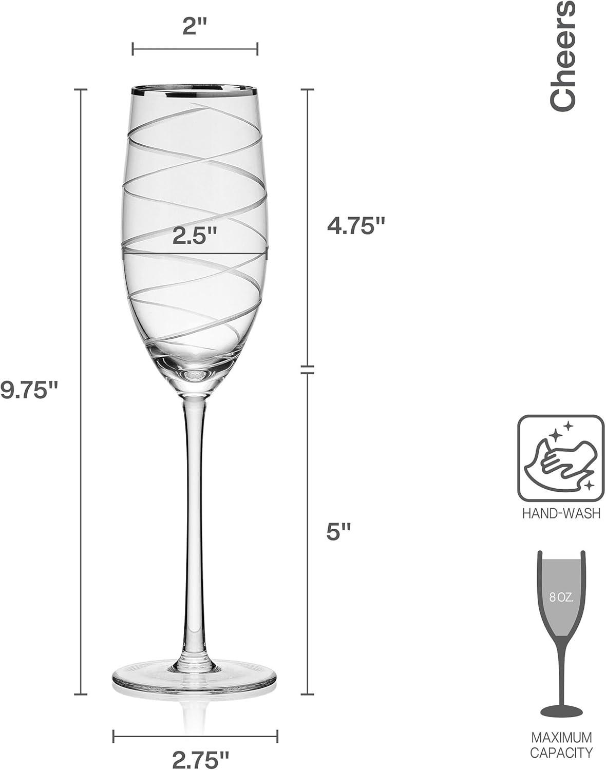 Mikasa Cheers Stemless Wine Glasses, Set of 4, 17-Ounce Clear Glasses, Durable and Elegant, Perfect for Red or White Wine, Dishwasher Safe(Platinum Rim Champagne Flute)