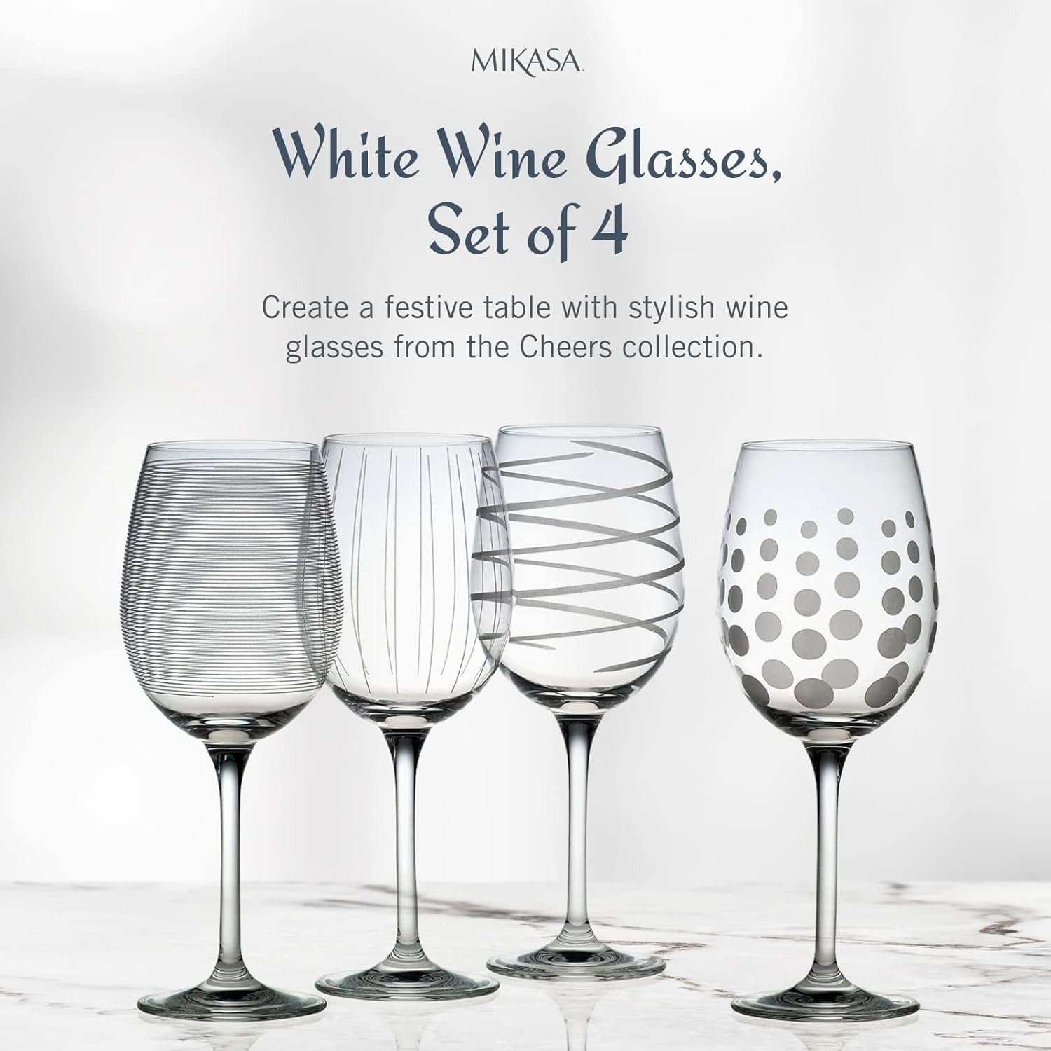 Mikasa Cheers Stemless Wine Glasses, Set of 4, 17-Ounce Clear Glasses, Durable and Elegant, Perfect for Red or White Wine, Dishwasher Safe(White Wine Glass)