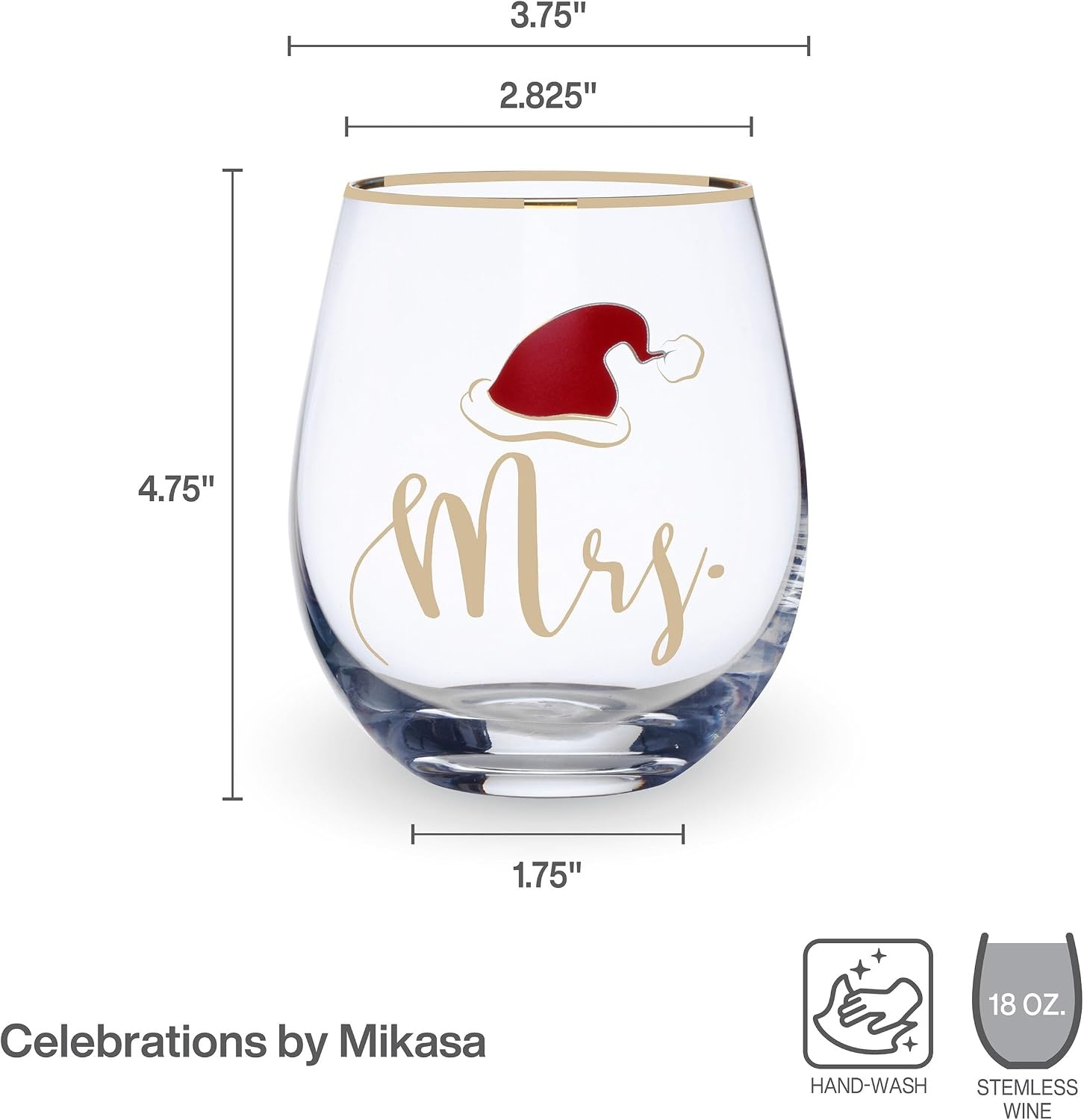 Celebrations by Mikasa Holiday Santa Hat Mr. Mrs. Stemless Wine, Set of 2, 18 Ounce(18 Ounces)