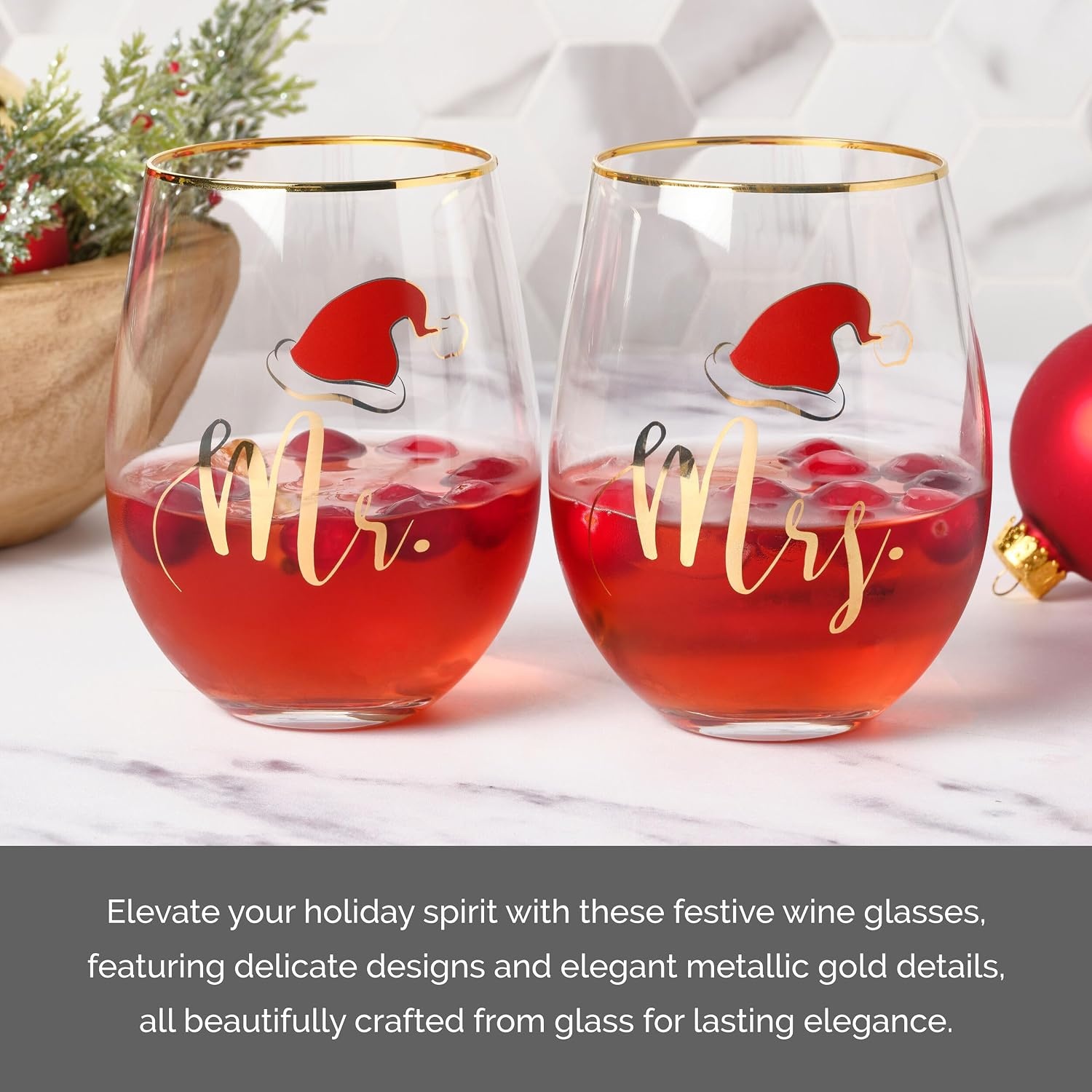 Celebrations by Mikasa Holiday Santa Hat Mr. Mrs. Stemless Wine, Set of 2, 18 Ounce(18 Ounces) - view 2