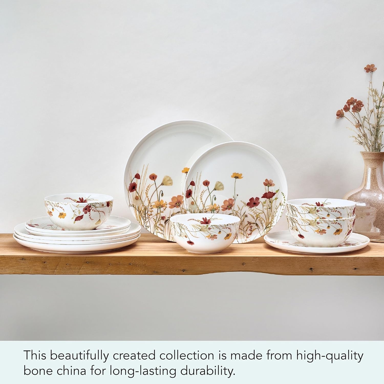 Mikasa Meadow Serenade 12 Piece Floral Bone China Durable Chip Resistant Lightweight Dinnerware Set, Service for 4 - view 5