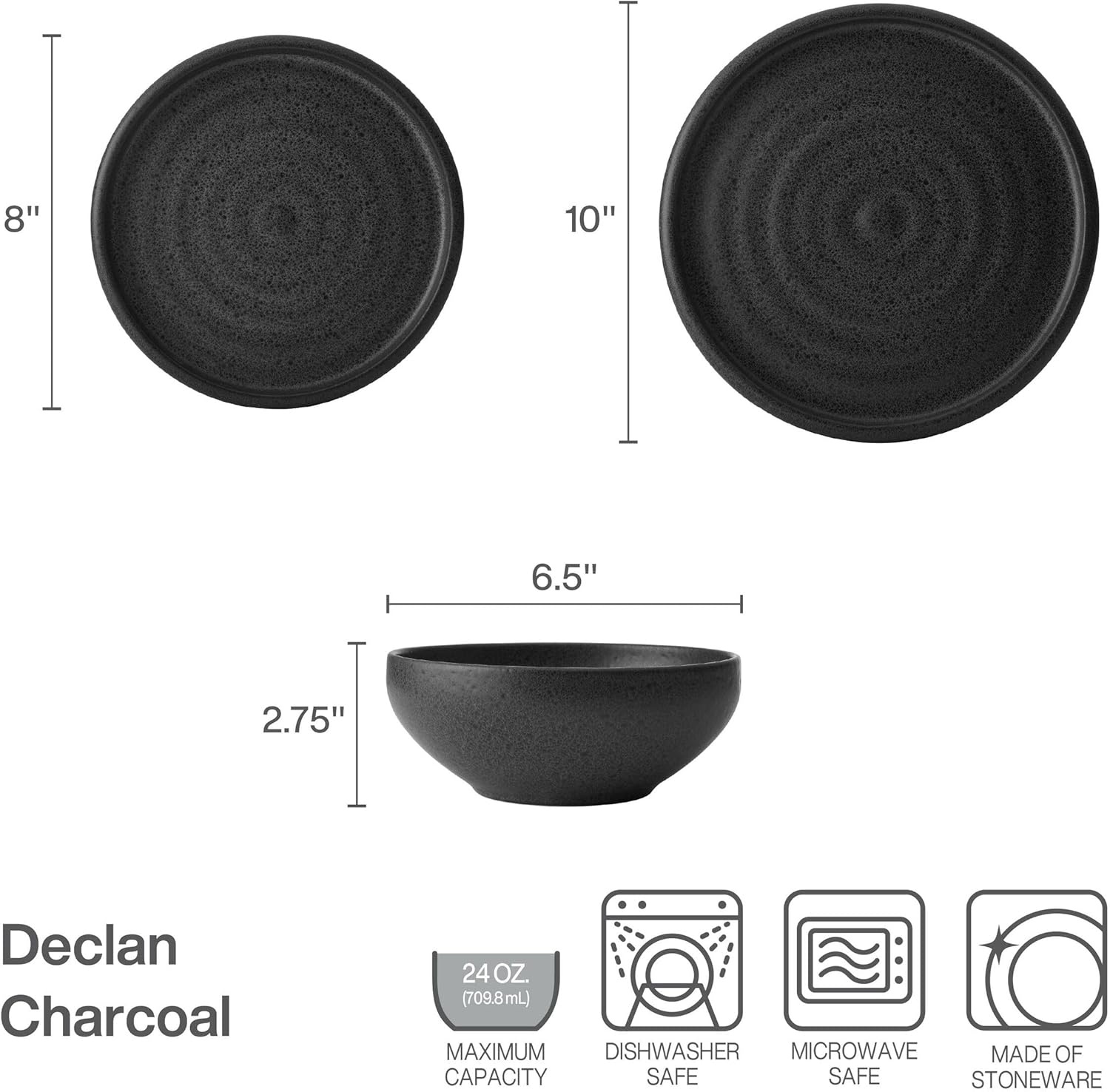Mikasa Declan 12 Piece Stoneware Dinnerware Set, Service for 4, Modern Black Plate and Bowl Dishes with High Rims, Black - view 3