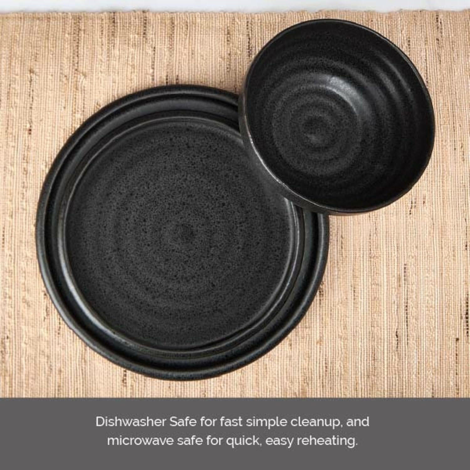 Mikasa Declan 12 Piece Stoneware Dinnerware Set, Service for 4, Modern Black Plate and Bowl Dishes with High Rims, Black - view 4