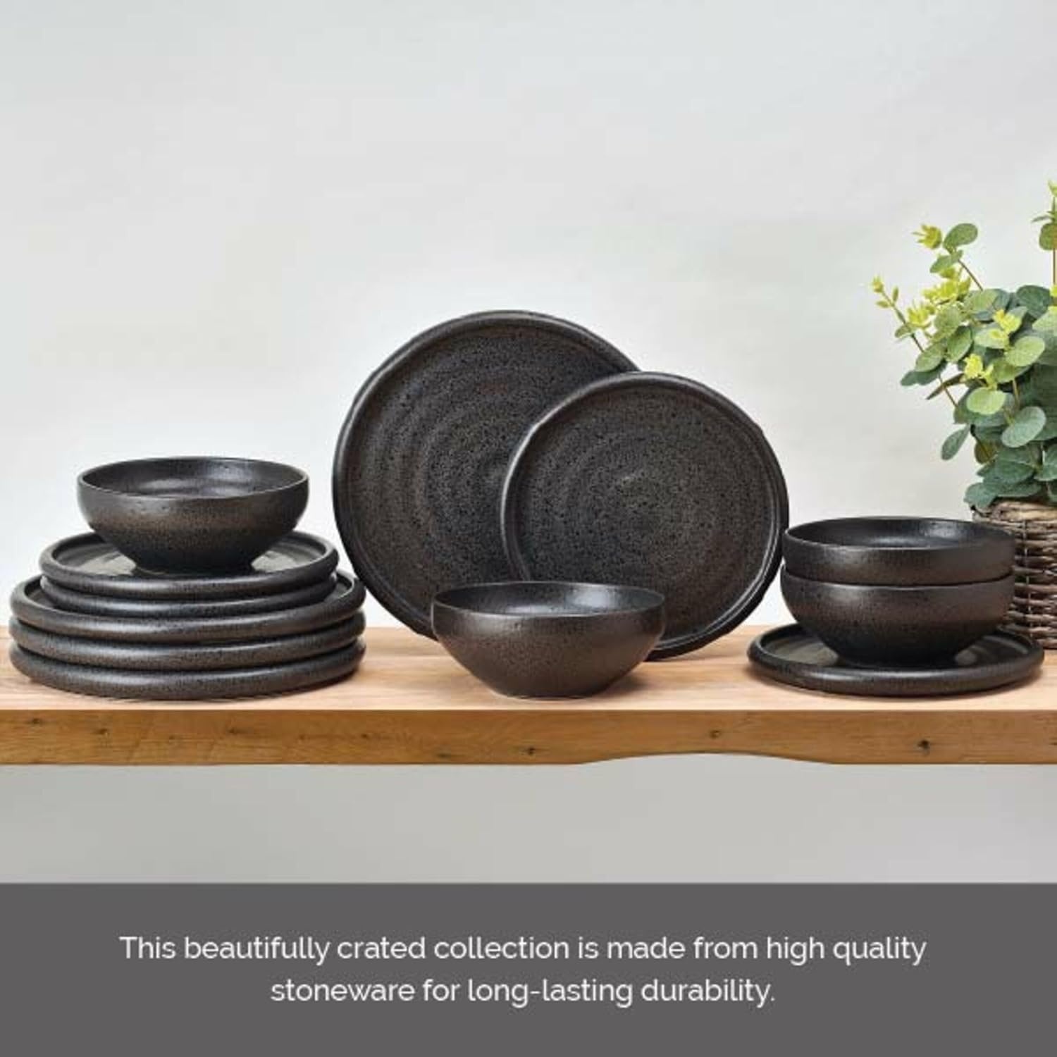 Mikasa Declan 12 Piece Stoneware Dinnerware Set, Service for 4, Modern Black Plate and Bowl Dishes with High Rims, Black - view 5