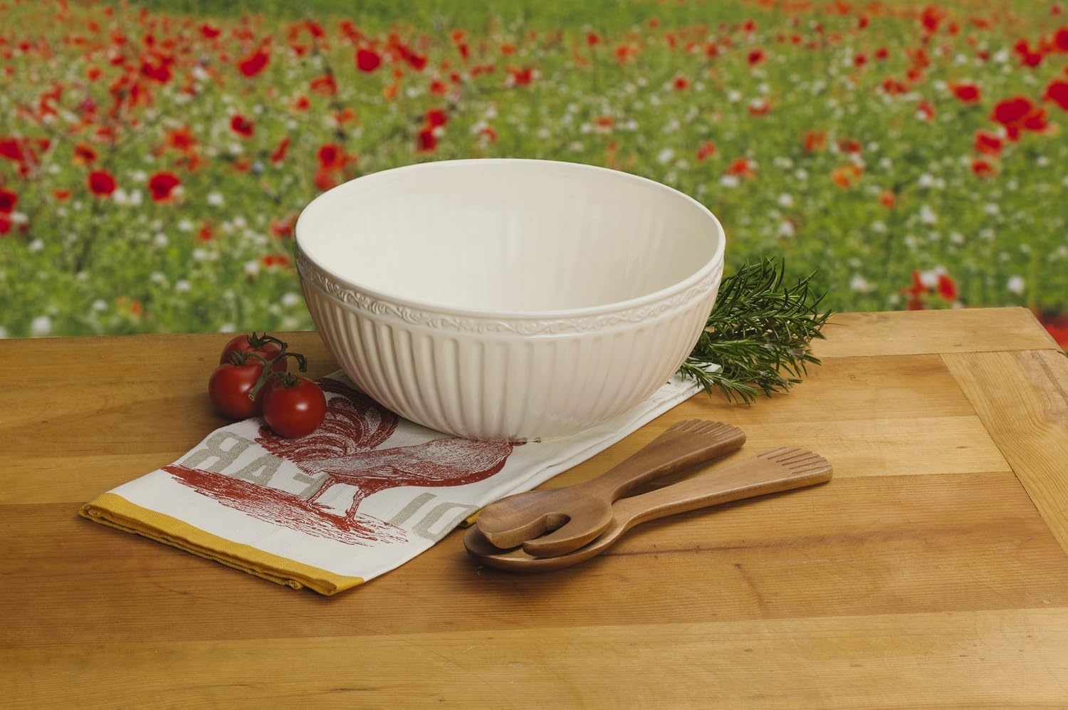 Mikasa Italian Countryside Salad Serving Bowl with Serving Utensils, White
