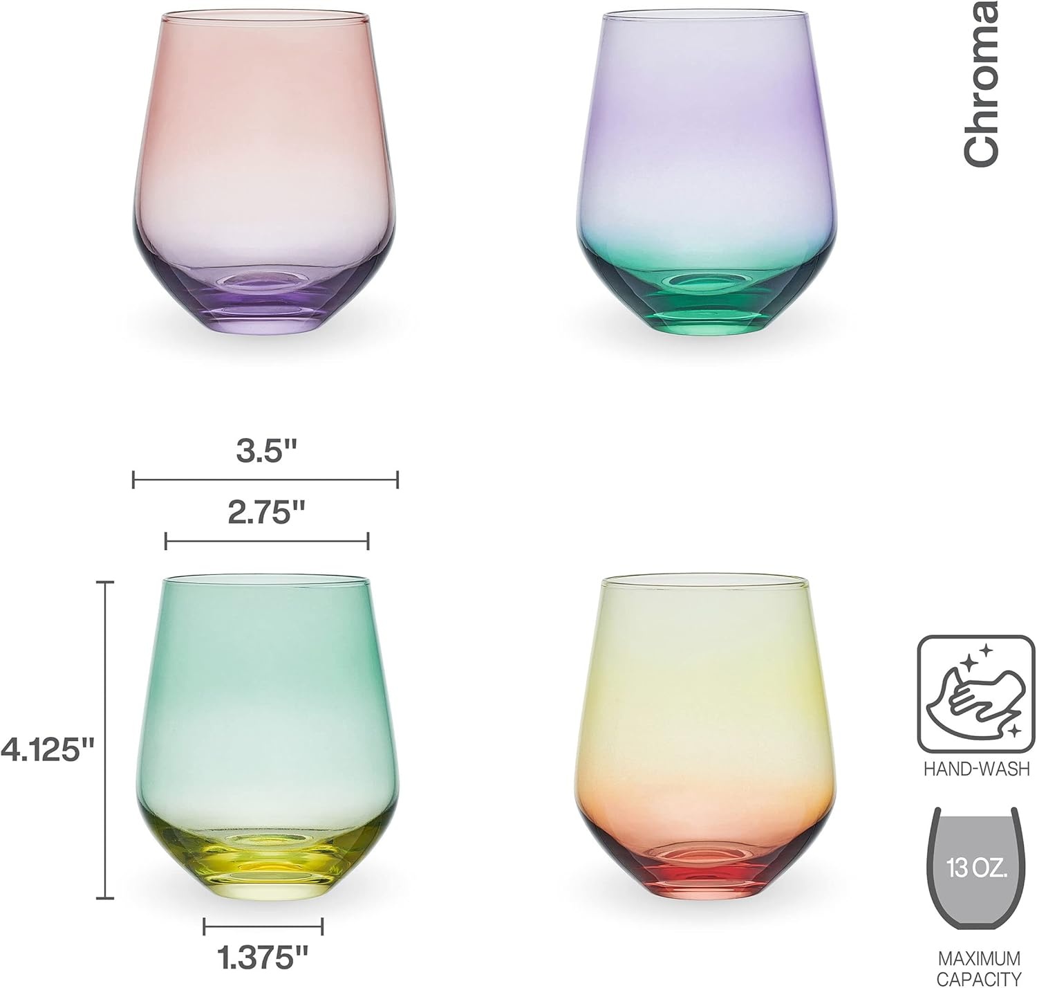 Mikasa Chroma Set of 4 Stemless Wine Glasses, 13 Ounce(Stemless Wine Glasses)