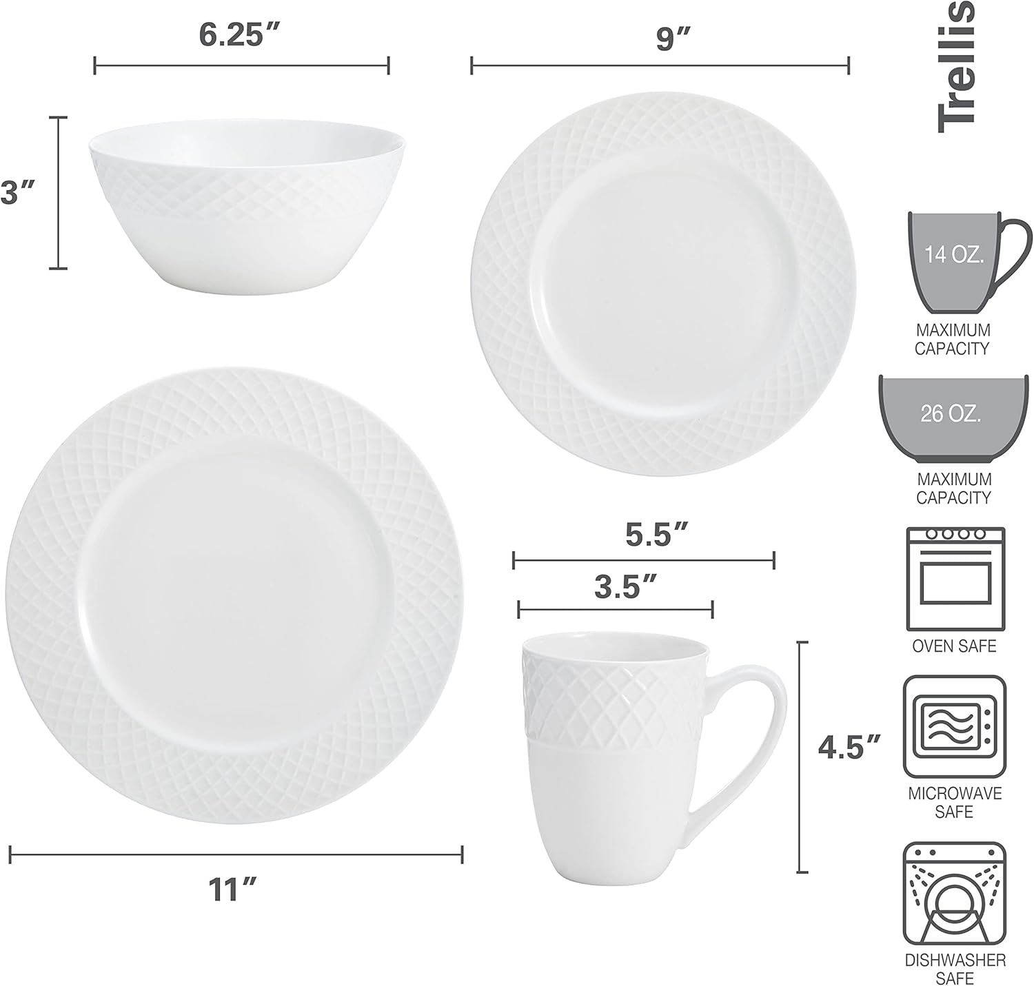 Mikasa Trellis 16-Piece Bone China Dinnerware Set, White, Includes Dinner Plates, Salad Plates, Cereal Bowls and Mugs, Dishwasher Safe(Dinnerware Set) - view 5
