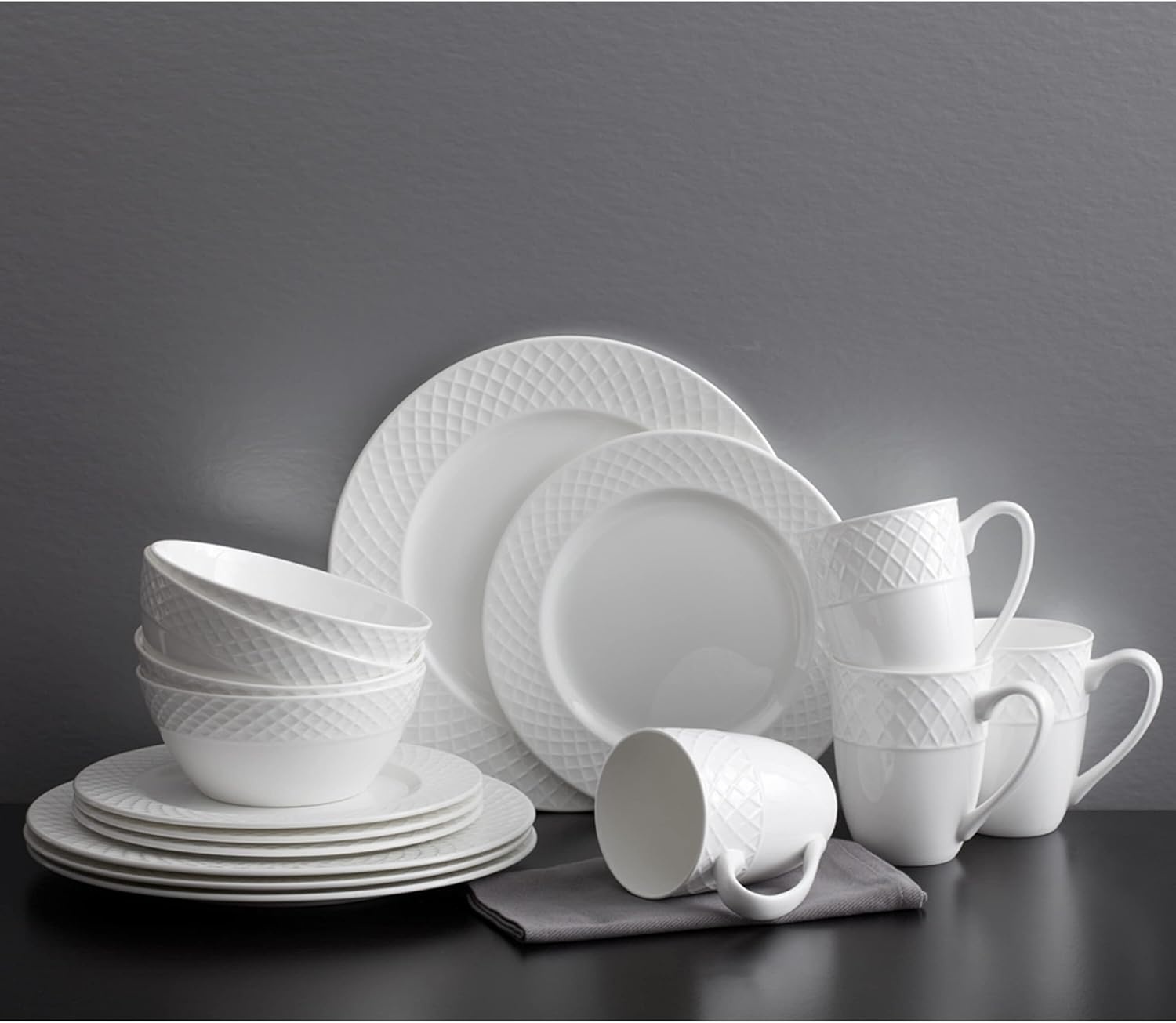 Mikasa Trellis 16-Piece Bone China Dinnerware Set, White, Includes Dinner Plates, Salad Plates, Cereal Bowls and Mugs, Dishwasher Safe(Dinnerware Set) - view 7