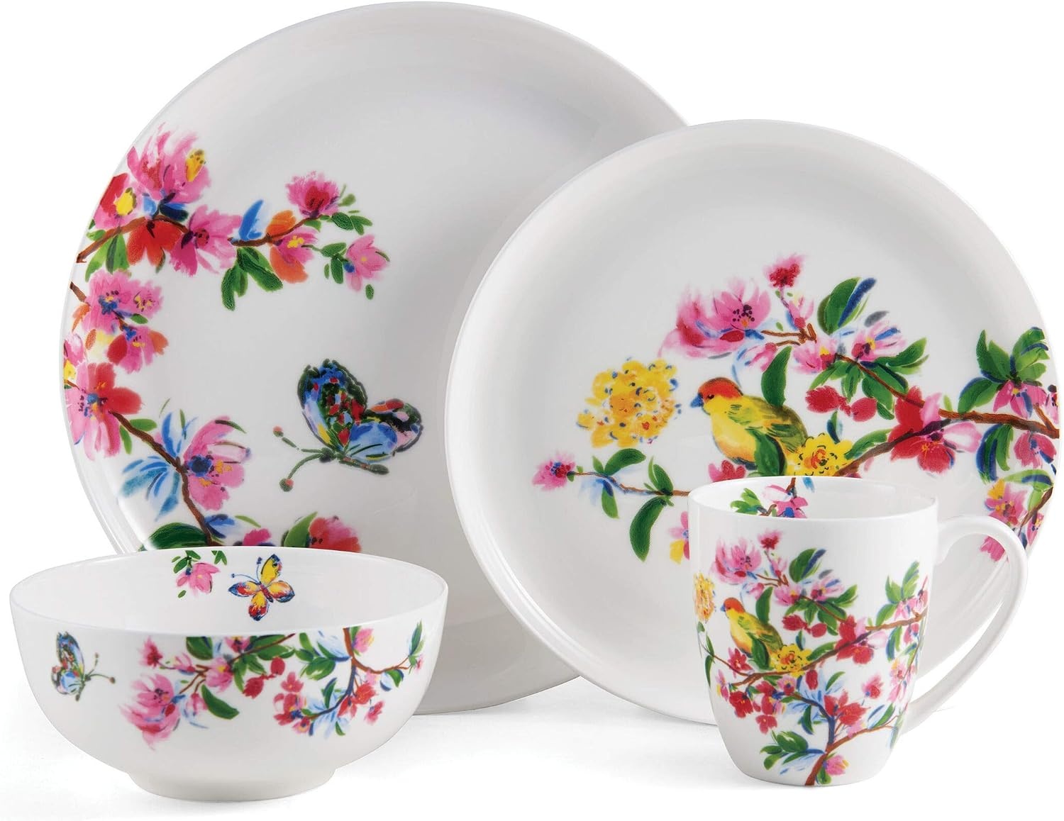 Mikasa Butterfly Garden Bone China Lightweight Chip Resistant 16-Piece Dinnerware Set, Service For 4