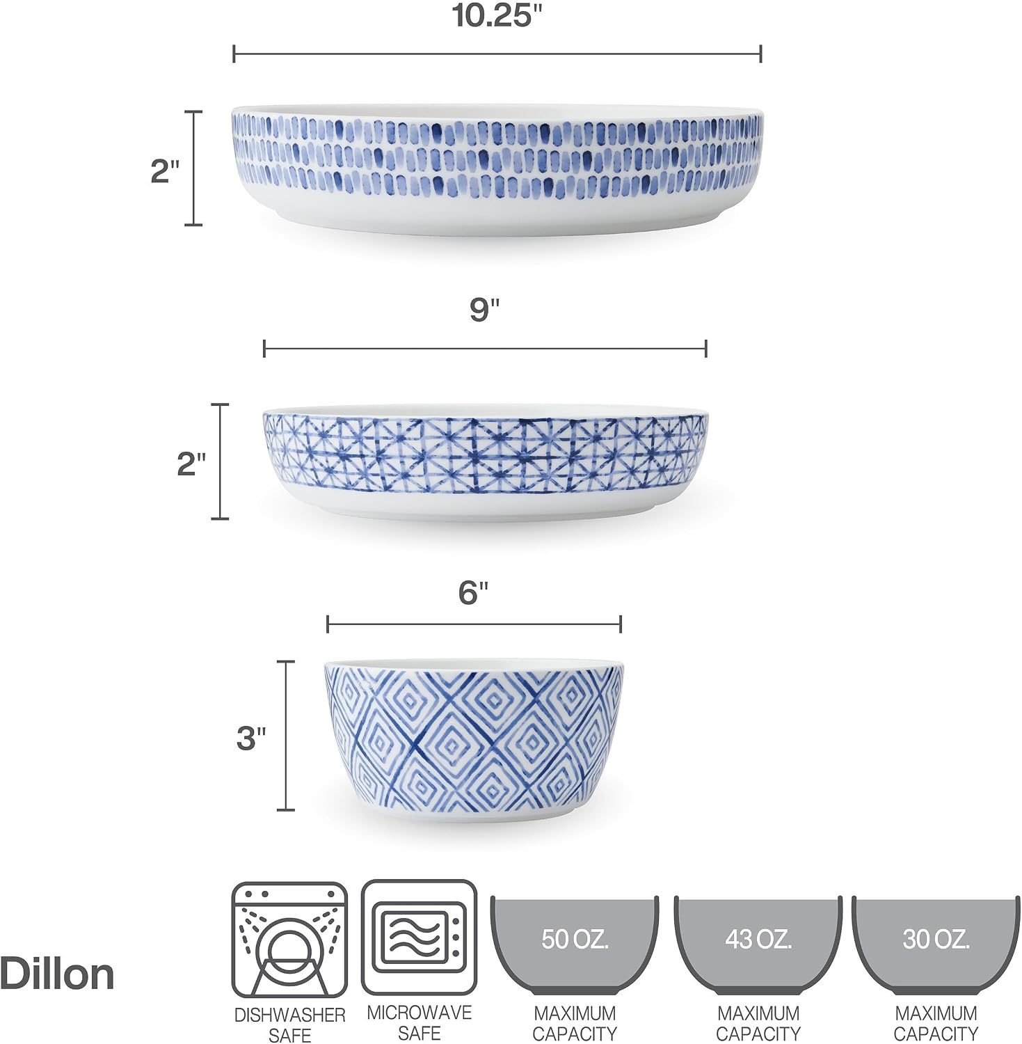 Mikasa Dillon Bone China Lightweight Chip Resistant 9 Piece Dinnerware Bowl Set, Service for 3, Blue(Blue)