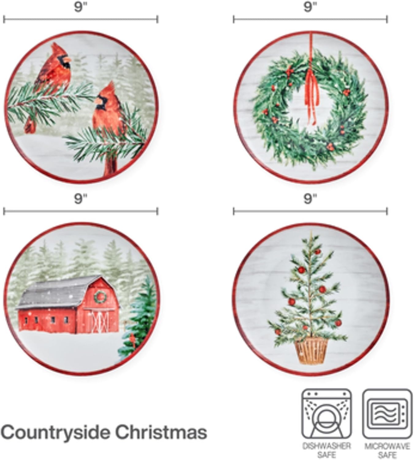 Mikasa Holiday Countryside Christmas Bone China Salad Plates, Set of 4, 9 Inch(Set of 4  9 Inch)
