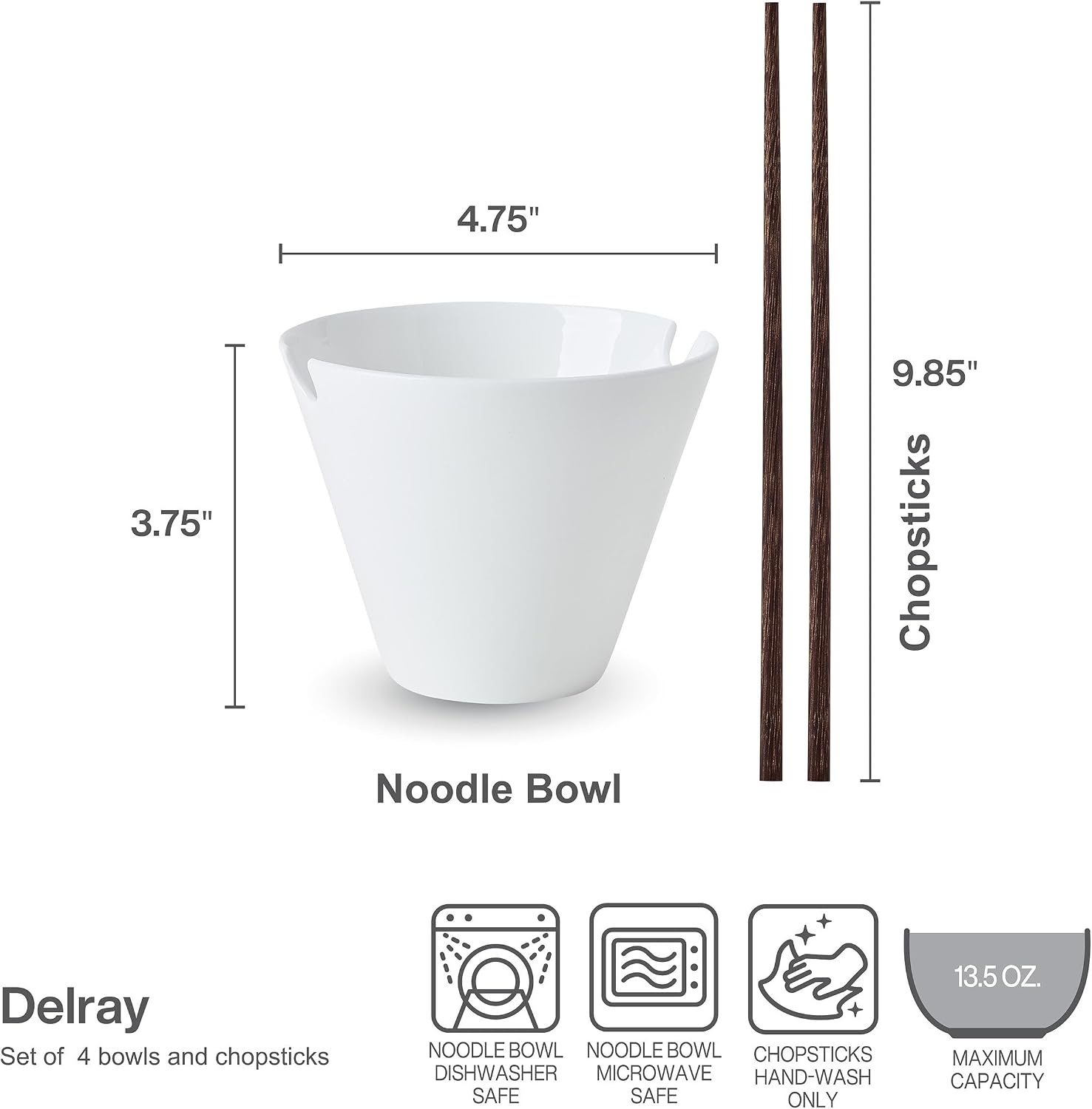 Mikasa Delray Bone China Lightweight Chip Resistant Noodle Ramen Bowl with Chopsticks, White, Set of 4, 4.75-Inch(Set of 4)