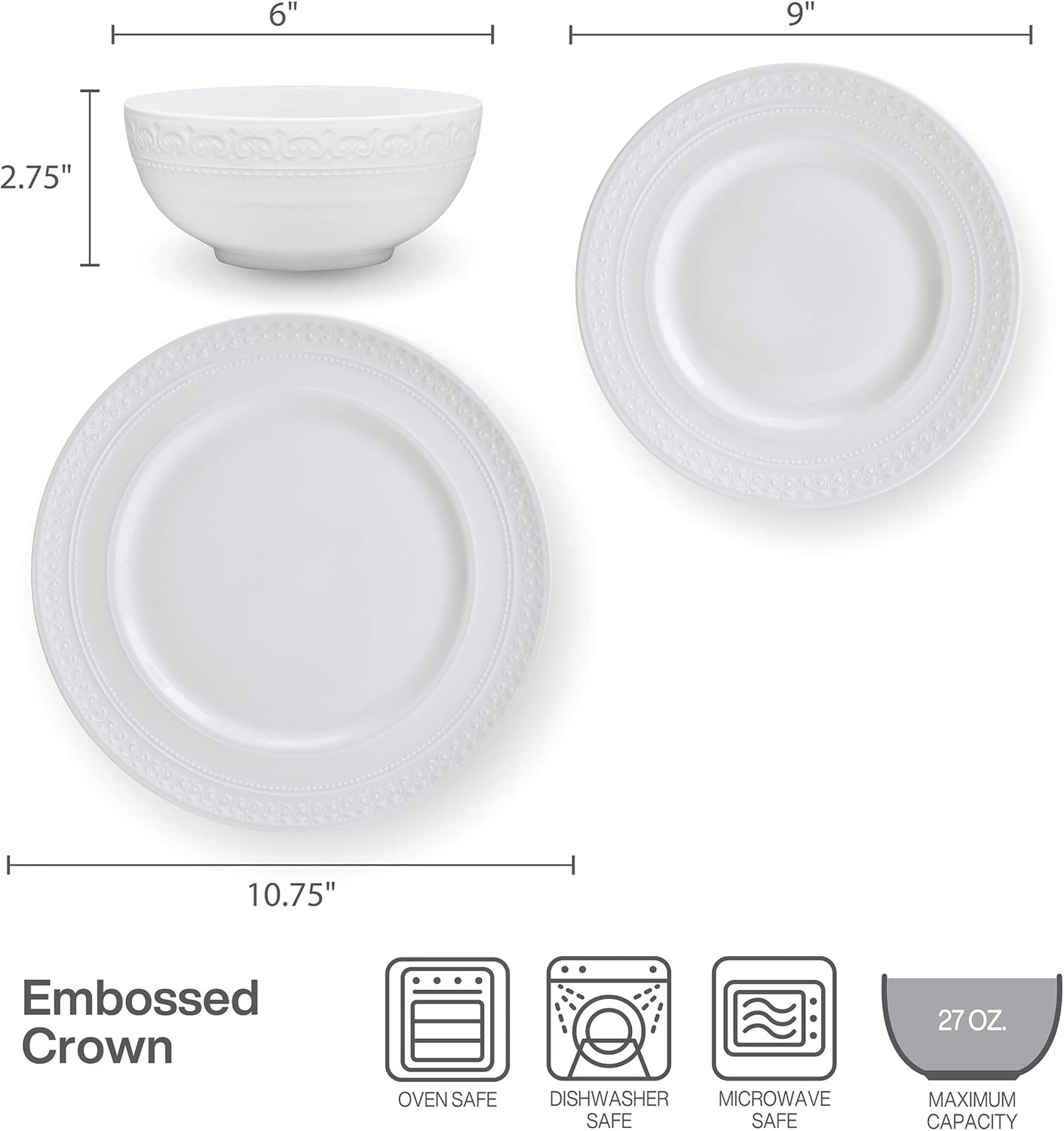 Mikasa Crown White Chip Resistant 18 Piece Dinnerware Set, Service for 6 - view 3