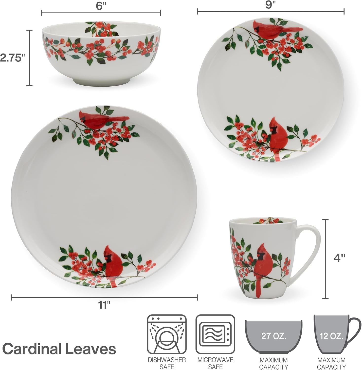 Mikasa Cardinal Leaves Holiday Bone China Lightweight Chip Resistant Dinnerware Set, Service for 4
