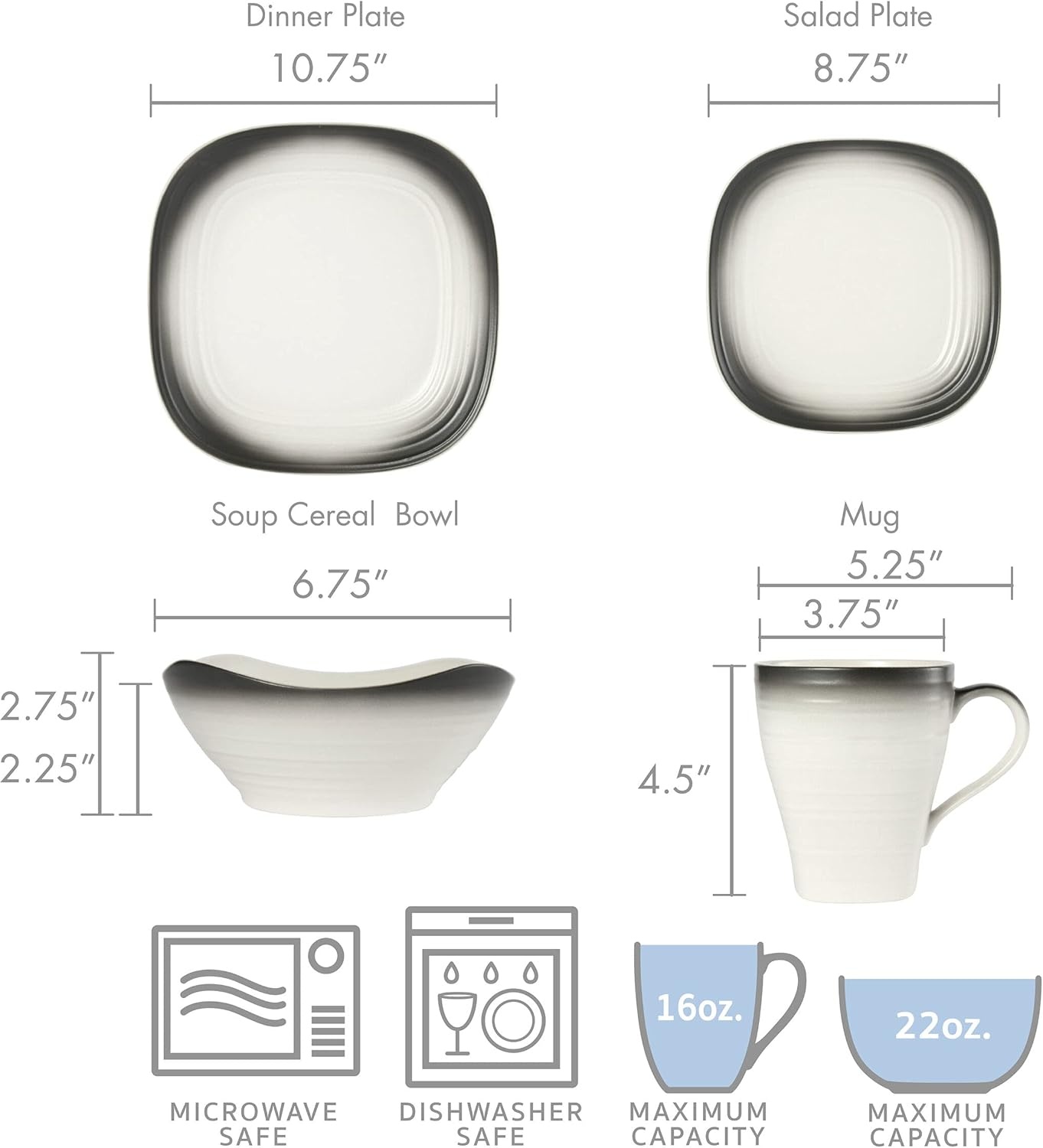 Mikasa Swirl Square Ombre Graphite 16 Piece Dinnerware Set, Service for 4(Ombre Graphite) - view 3