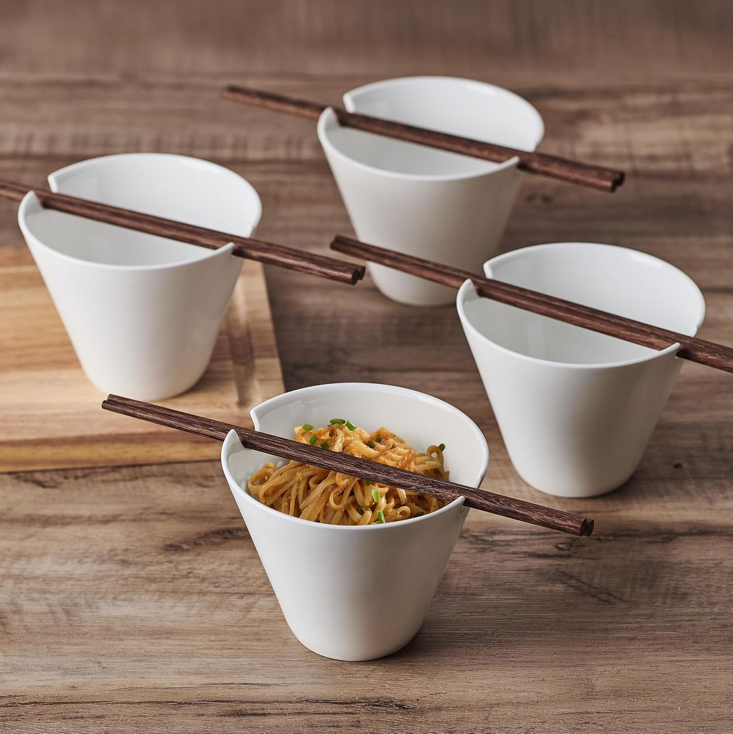 Mikasa Delray Bone China Lightweight Chip Resistant Noodle Ramen Bowl with Chopsticks, White, Set of 4, 4.75-Inch(Set of 4 (Pack of 2))