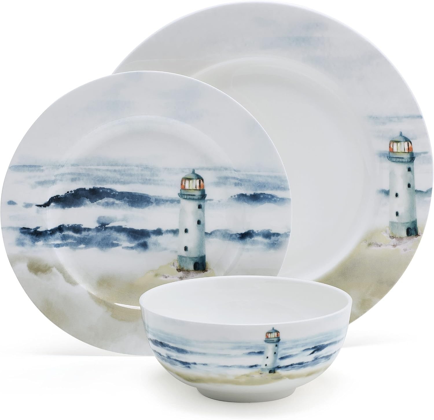 Mikasa Quinn Lightweight Bone China 12 Piece Dinnerware Plate Bowl Set, Service for 4(Seaside)