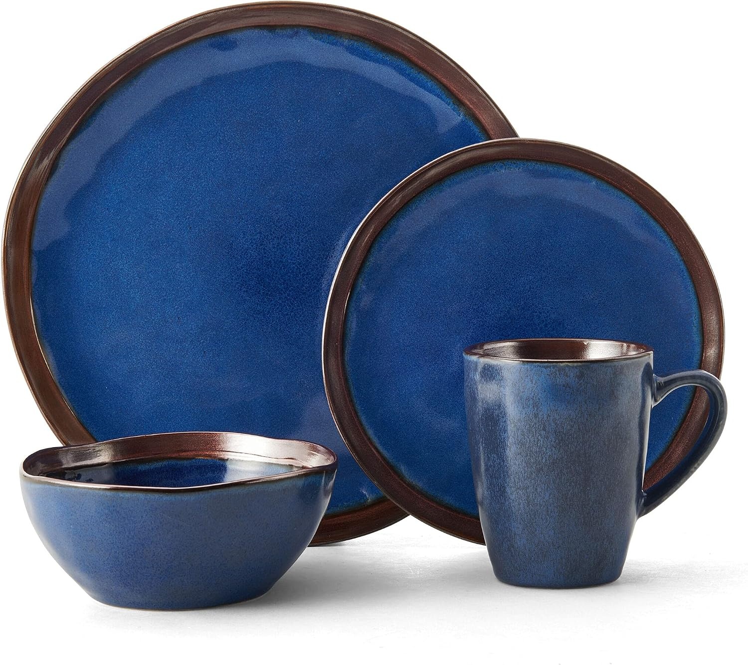 Mikasa Talia Blue 16-Piece Dinnerware Set (Service for 4) – Bold Stoneware with Reactive Glaze & Metallic Rose Gold Accents, Microwave & Dishwasher Safe – Minimalist Dinnerware Set for Everyday Use