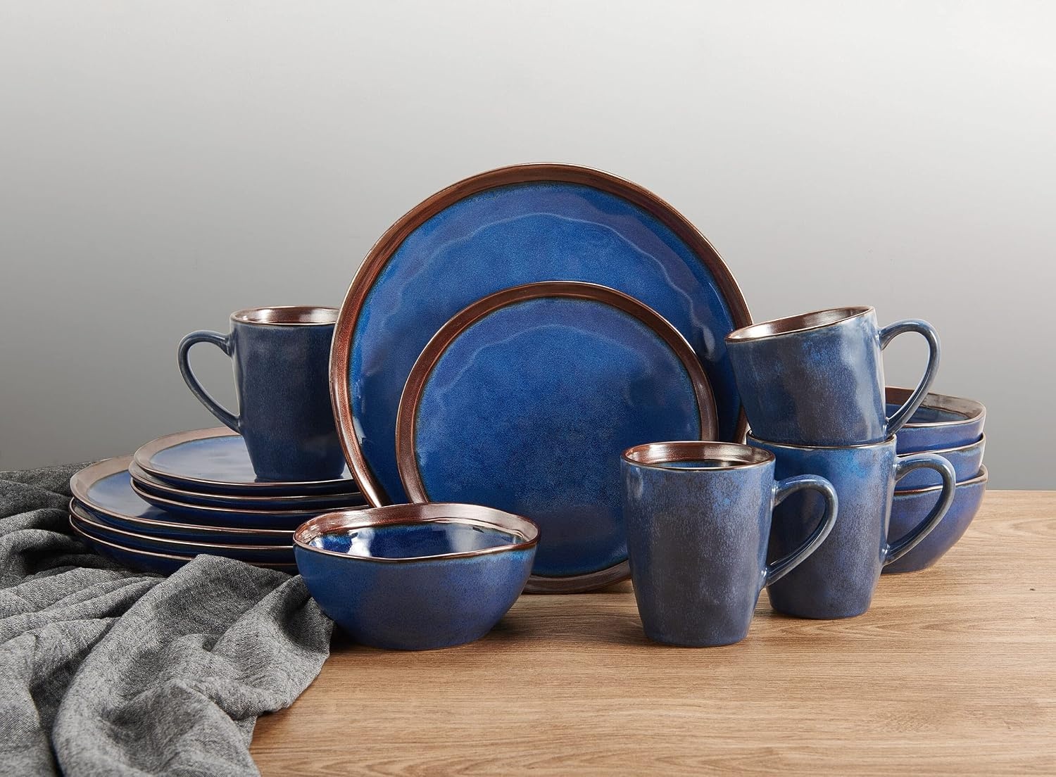 Mikasa Talia Blue 16-Piece Dinnerware Set (Service for 4) – Bold Stoneware with Reactive Glaze & Metallic Rose Gold Accents, Microwave & Dishwasher Safe – Minimalist Dinnerware Set for Everyday Use - view 4