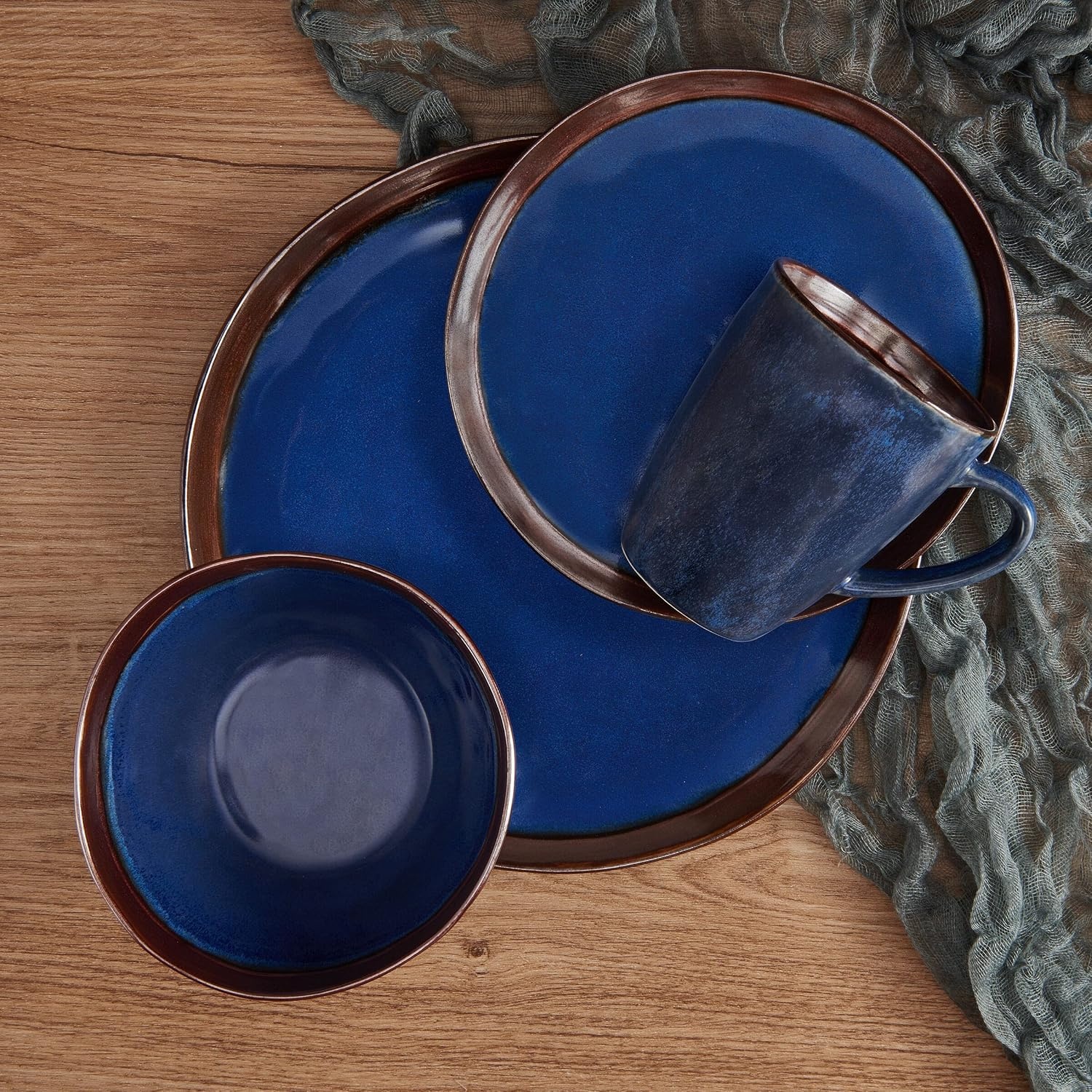 Mikasa Talia Blue 16-Piece Dinnerware Set (Service for 4) – Bold Stoneware with Reactive Glaze & Metallic Rose Gold Accents, Microwave & Dishwasher Safe – Minimalist Dinnerware Set for Everyday Use - view 5