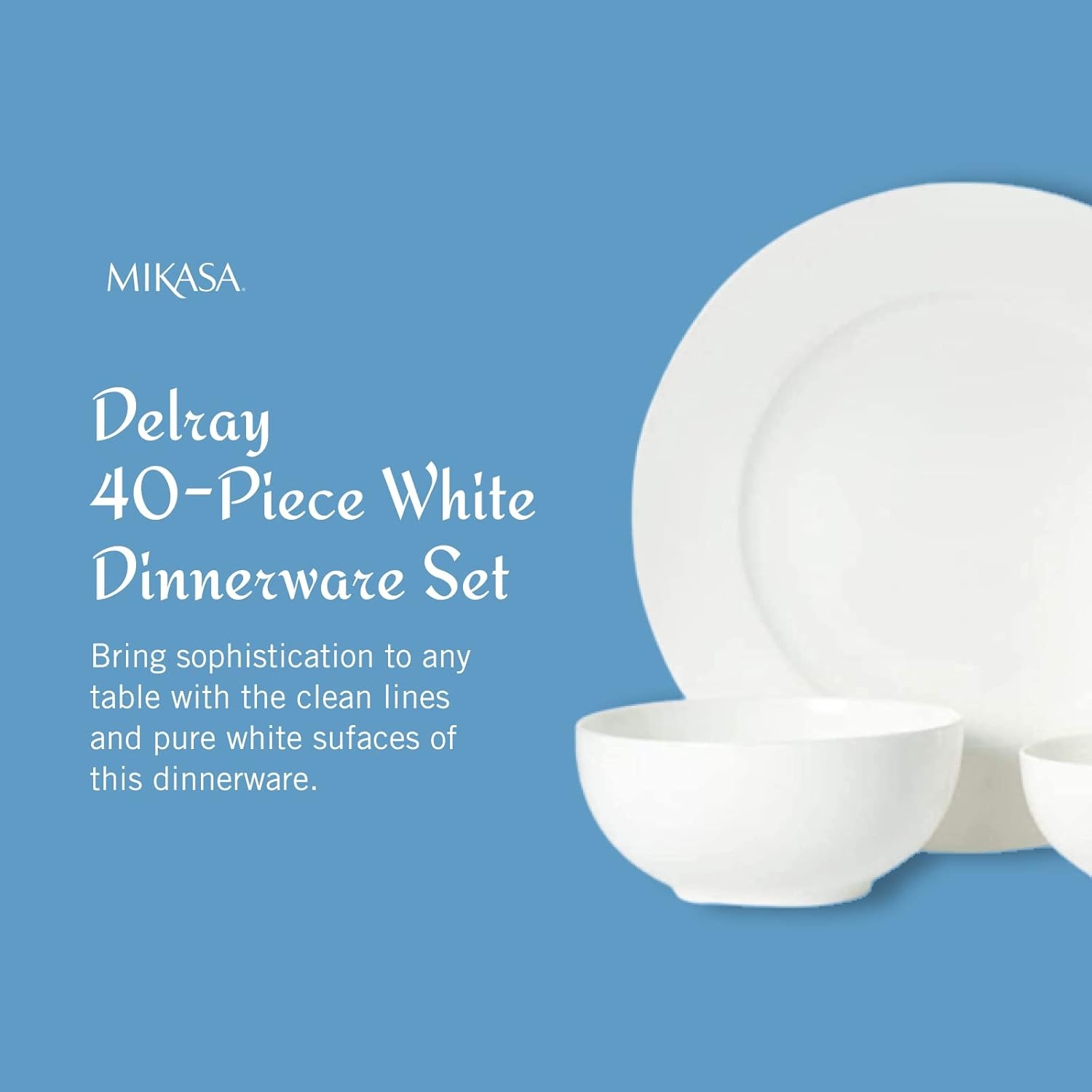 Mikasa Delray 40-Piece Bone China Dinnerware Set, White Round Dishes for 8 – Dinner Plates, Salad Plates, Cereal Bowls, Fruit Bowls and Mugs(Delray)