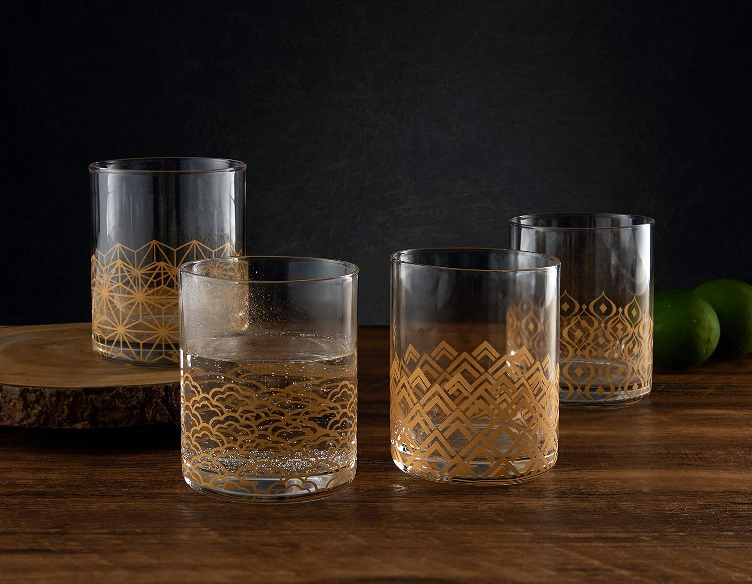 Mikasa Art Deco Set of 4 Double Old Fashioned Whiskey Glasses,13-Ounce, Gold(13 Ounces) - view 5