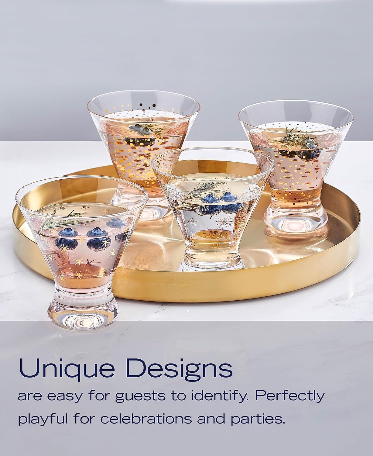 Mikasa Party Set of 4 Stemless Martini Glasses, 10 Ounce, Clear and Gold(Martini)