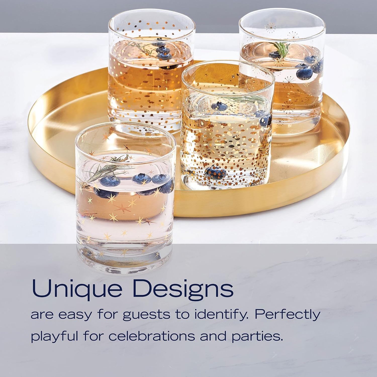 Mikasa Party Set of 4 Stemless Martini Glasses, 10 Ounce, Clear and Gold(Double Old Fashioned) - view 3