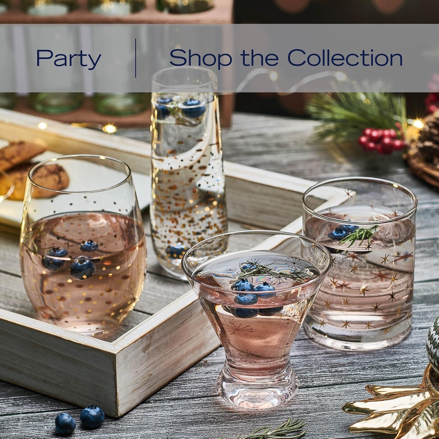 Mikasa Party Set of 4 Stemless Martini Glasses, 10 Ounce, Clear and Gold(Double Old Fashioned) - view 4
