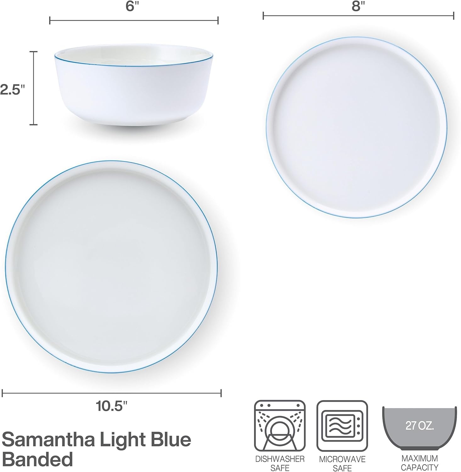 Mikasa Samantha 12 Piece Bone China Dinnerware Set, Service for 4, Flat Plates and Bowl with Blue Rim, Chip-Resistant, Lightweight, Elegant and Durable, White - view 2