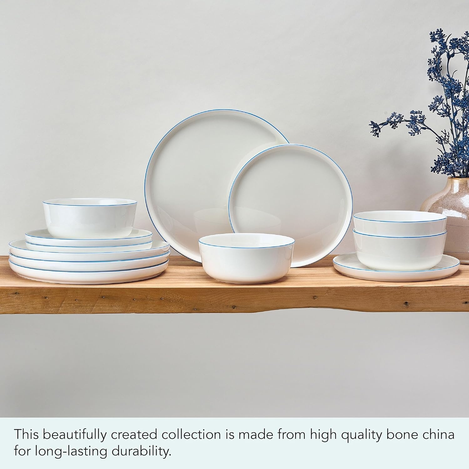 Mikasa Samantha 12 Piece Bone China Dinnerware Set, Service for 4, Flat Plates and Bowl with Blue Rim, Chip-Resistant, Lightweight, Elegant and Durable, White - view 4