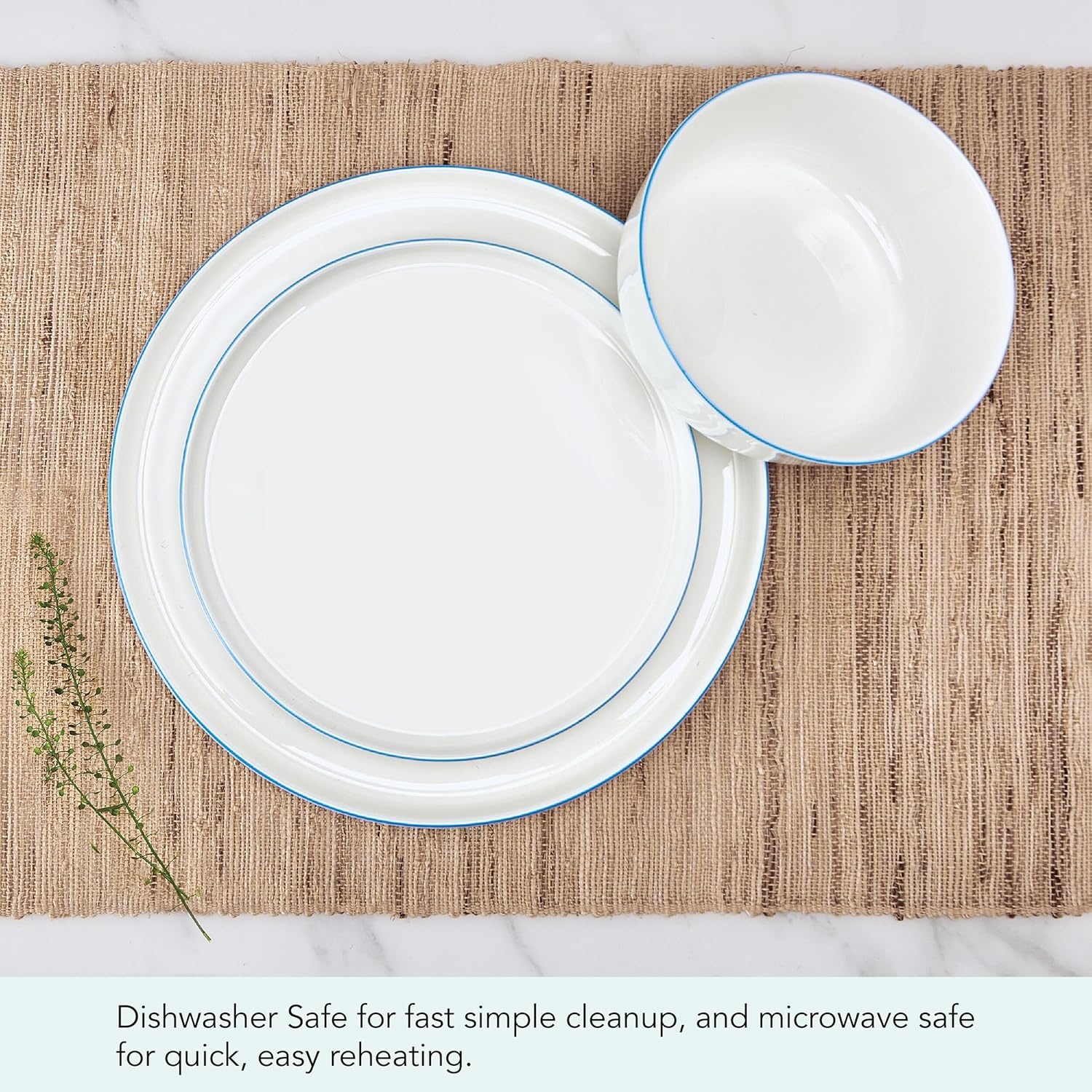 Mikasa Samantha 12 Piece Bone China Dinnerware Set, Service for 4, Flat Plates and Bowl with Blue Rim, Chip-Resistant, Lightweight, Elegant and Durable, White - view 5