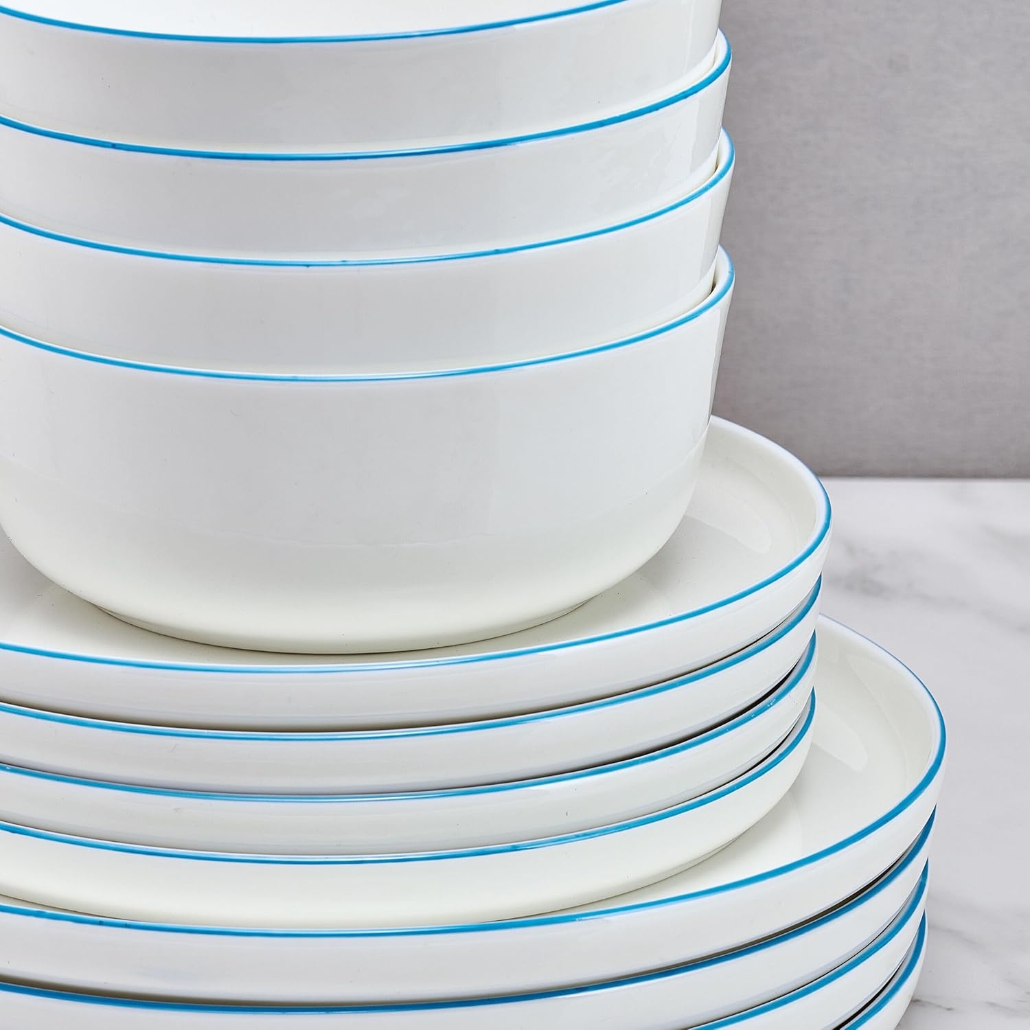 Mikasa Samantha 12 Piece Bone China Dinnerware Set, Service for 4, Flat Plates and Bowl with Blue Rim, Chip-Resistant, Lightweight, Elegant and Durable, White - view 6
