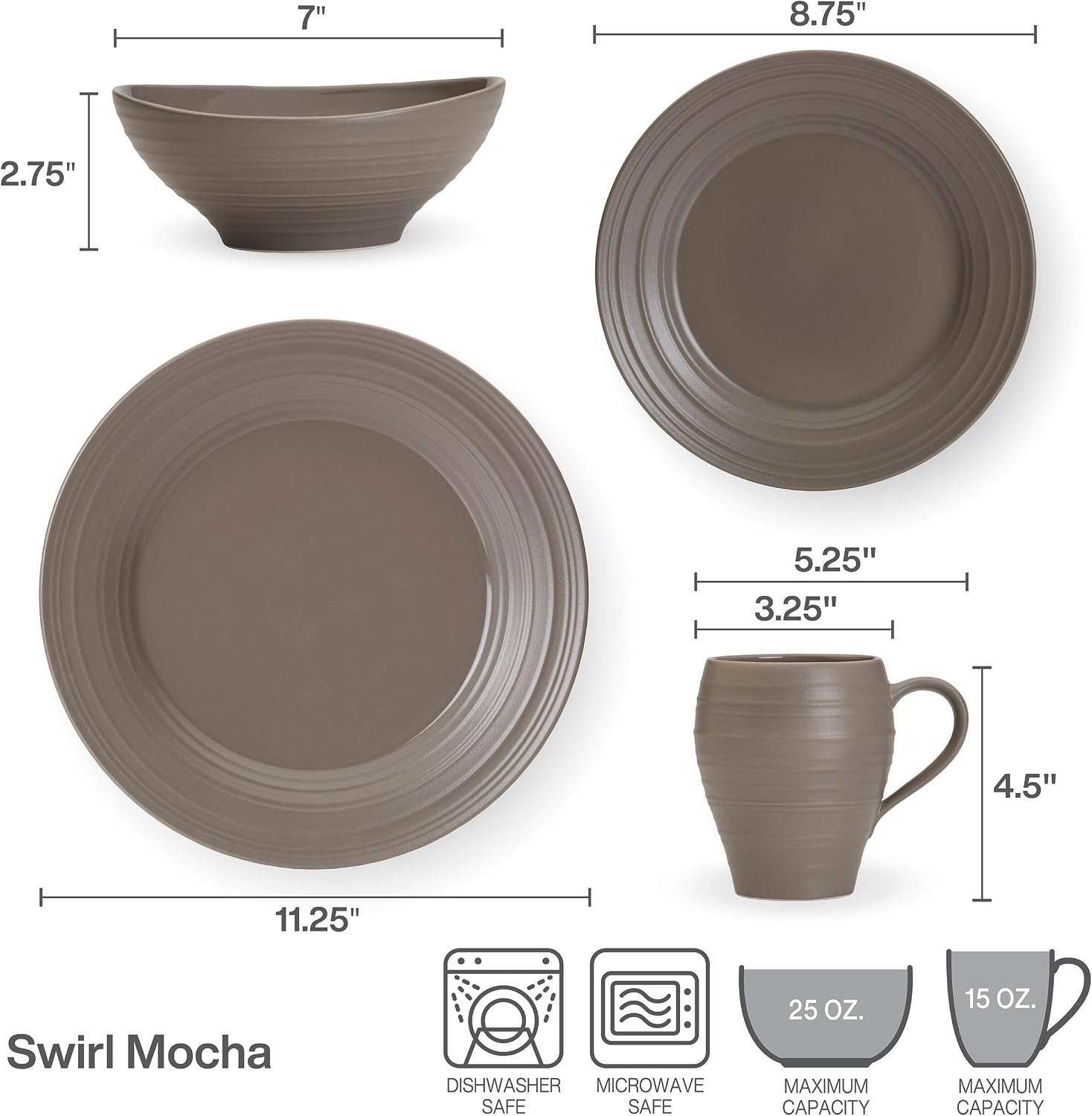 Mikasa Swirl 4 Piece Place Setting, Service for 1, Graphite(Mocha)