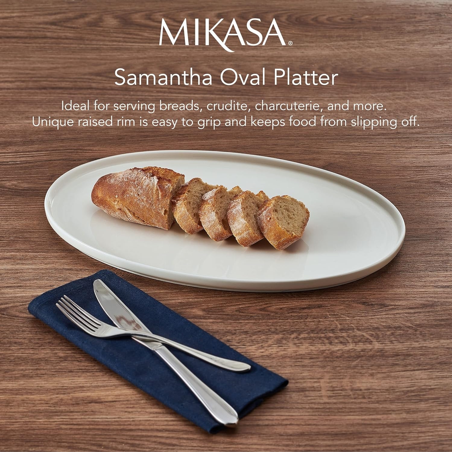 Mikasa Samantha Oval Bone China Lightweight Chip Resisant Serving Tray, 14 Inch, White(Casual) - view 3