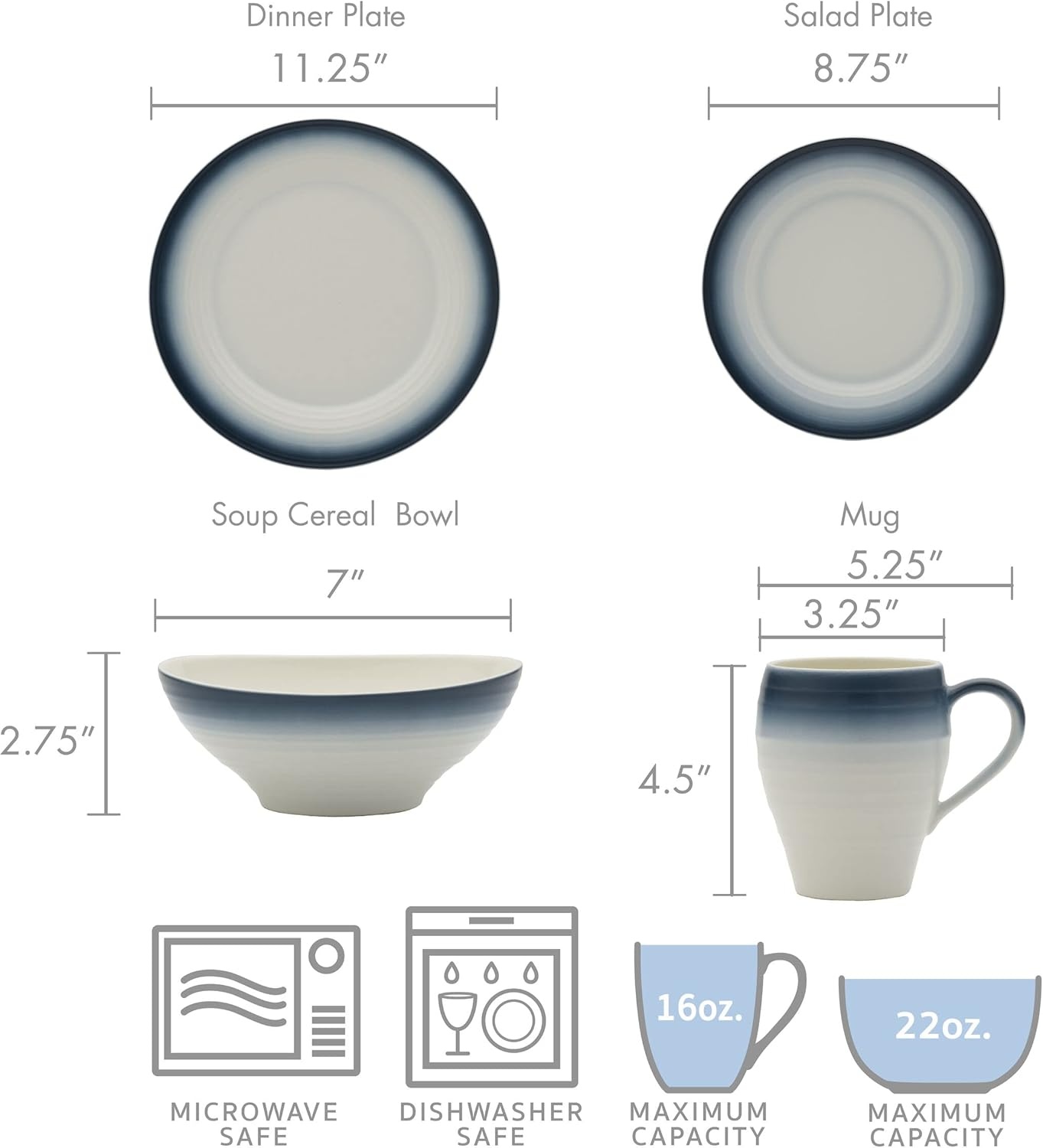 Mikasa Swirl Ombre Grey 16 Piece Dinnerware Set, Service for 4(Blue)