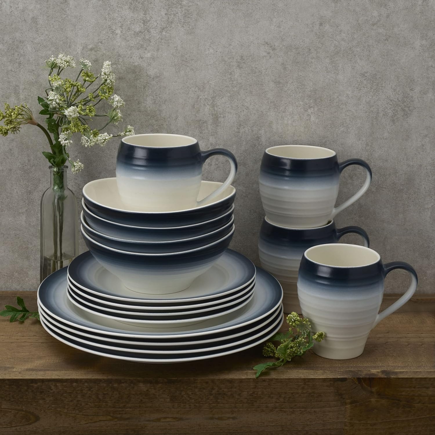 Mikasa Swirl Ombre Grey 16 Piece Dinnerware Set, Service for 4(Blue) - view 2