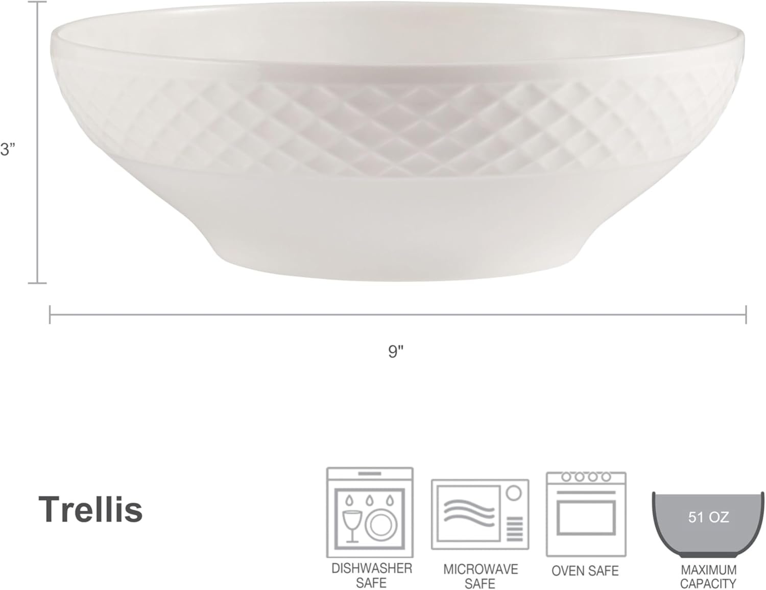 Mikasa Trellis White Bone China Lightweight Chip Resistant Vegetable Serving Bowl, White