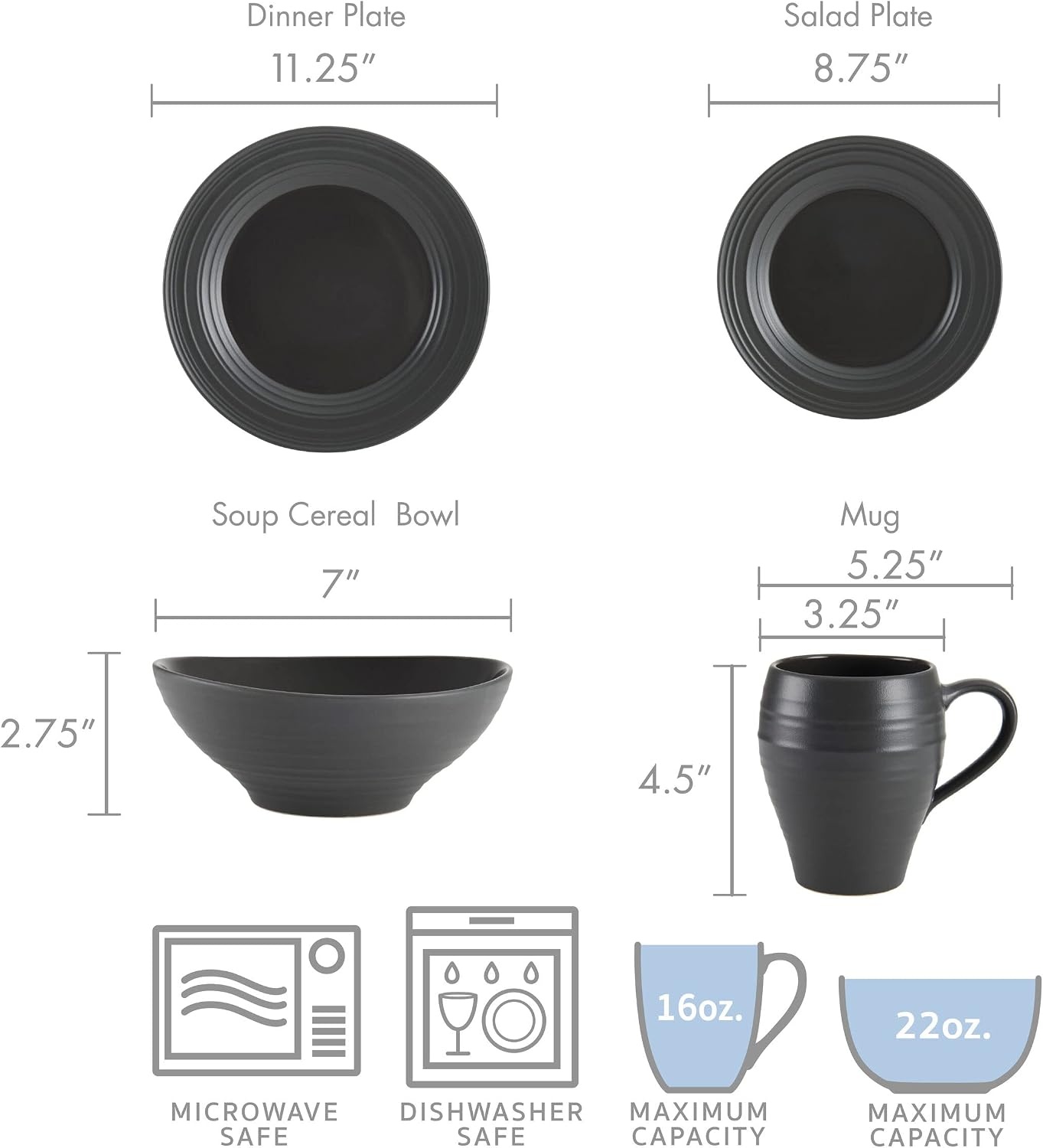 Mikasa Swirl 16 Piece Dinnerware Set, Service for 4, Graphite