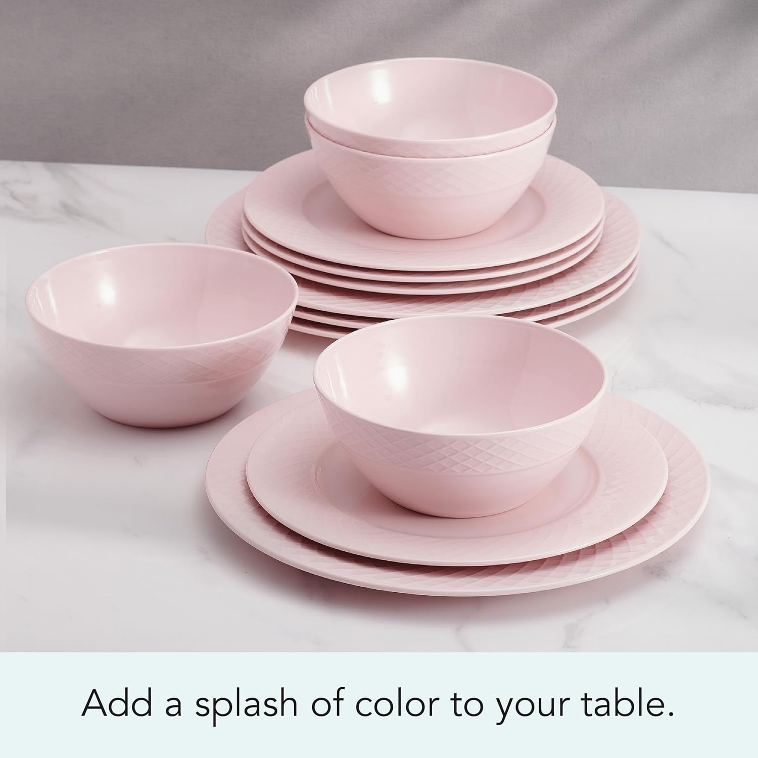 Miksa Trellis Pink Bone China Chip Resistant Lightweight 12 Piece Dinnerware Set, Service for 4 - view 3