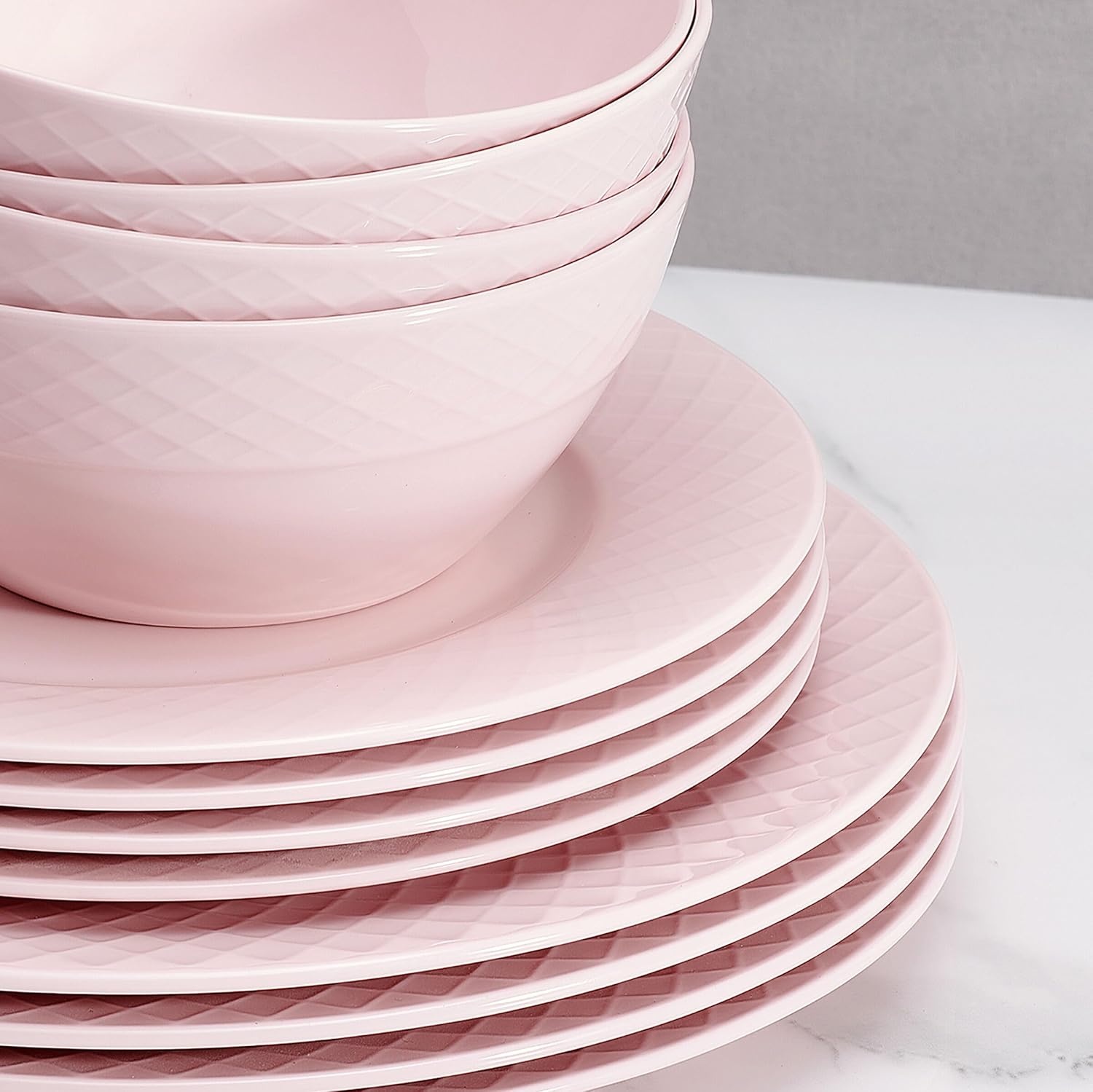 Miksa Trellis Pink Bone China Chip Resistant Lightweight 12 Piece Dinnerware Set, Service for 4 - view 5