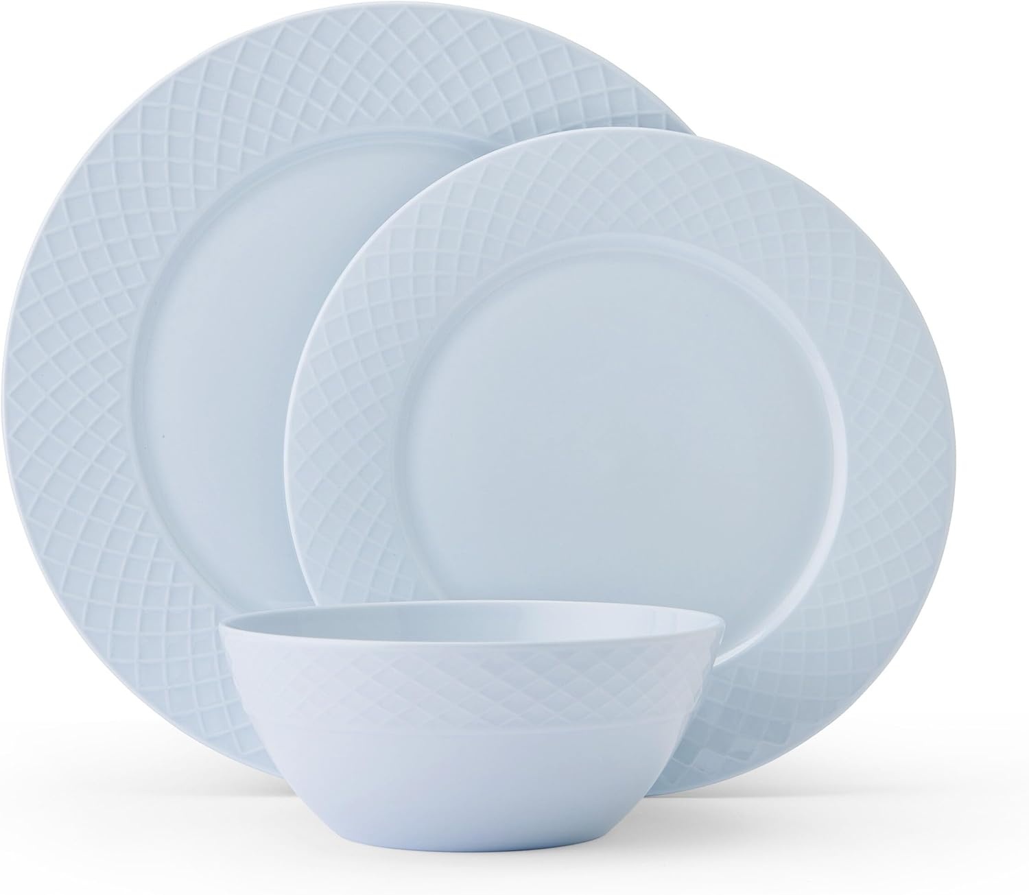 Mikasa Trellis Pastel Bone China Lightweight Chip Resistant 12 Piece Dinnerware Set, Service for 4, Misty Blue