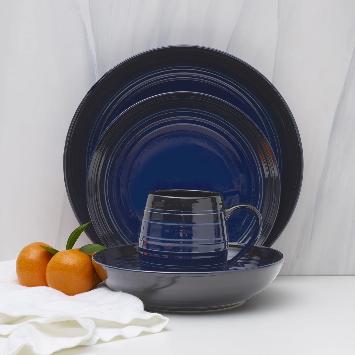 Mikasa Swirl Coupe Black 16 Piece Dinnerware Set, Service For 4, Blue Ombre