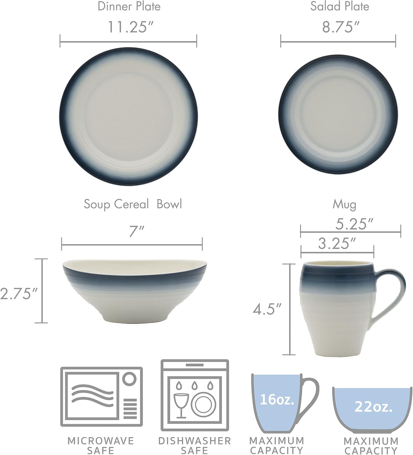 Mikasa Swirl 4-Piece Place Setting, Service for 1, Ombre Graphite(Blue)